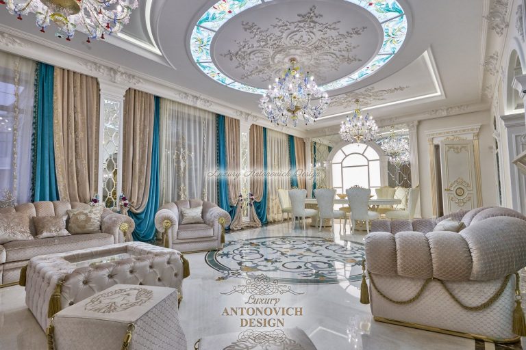 Шторы в фешенебельной гостиной в классическом стиле, дом Астана