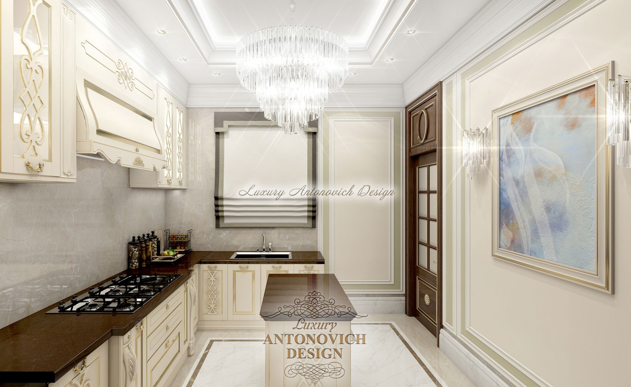 дизайн кухні, світла кухня декор, декор фасаду кухні, люстра кухня, кухня острів