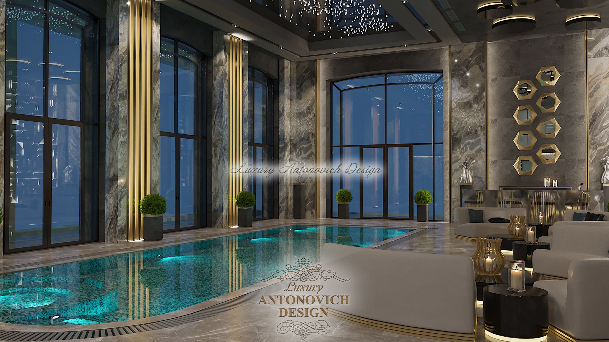 бассейн, дизайн интерьера бассейн, настенный декор в СПА, мраморный пол, светлый пол мрамор