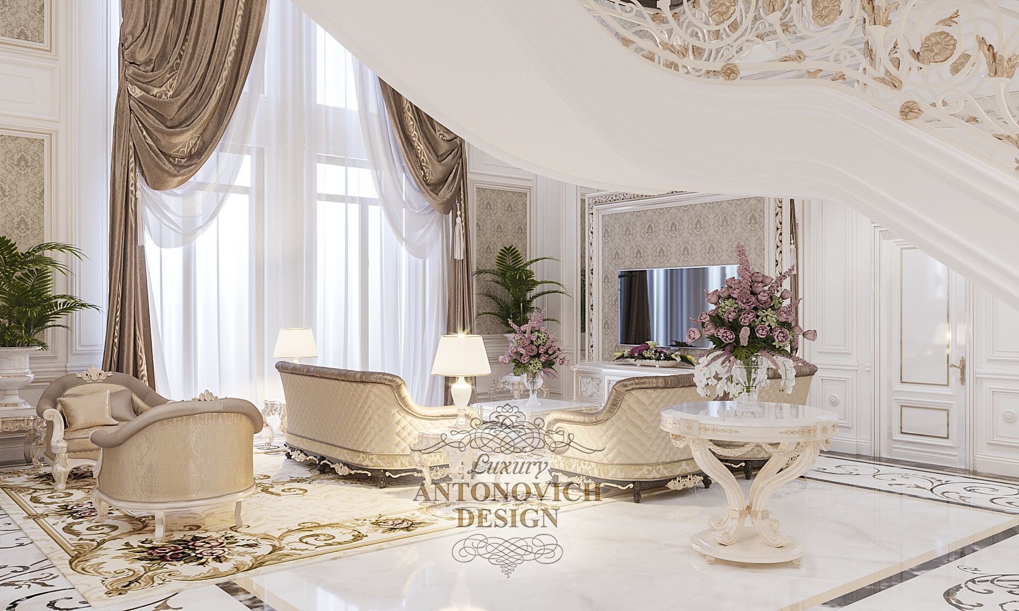 гостиная в классическом стиле, художественный пол, мраморный пол с рисунком, керамогранит, золотой диван, фреска, гипсовая лепнина, гипсовая розетка