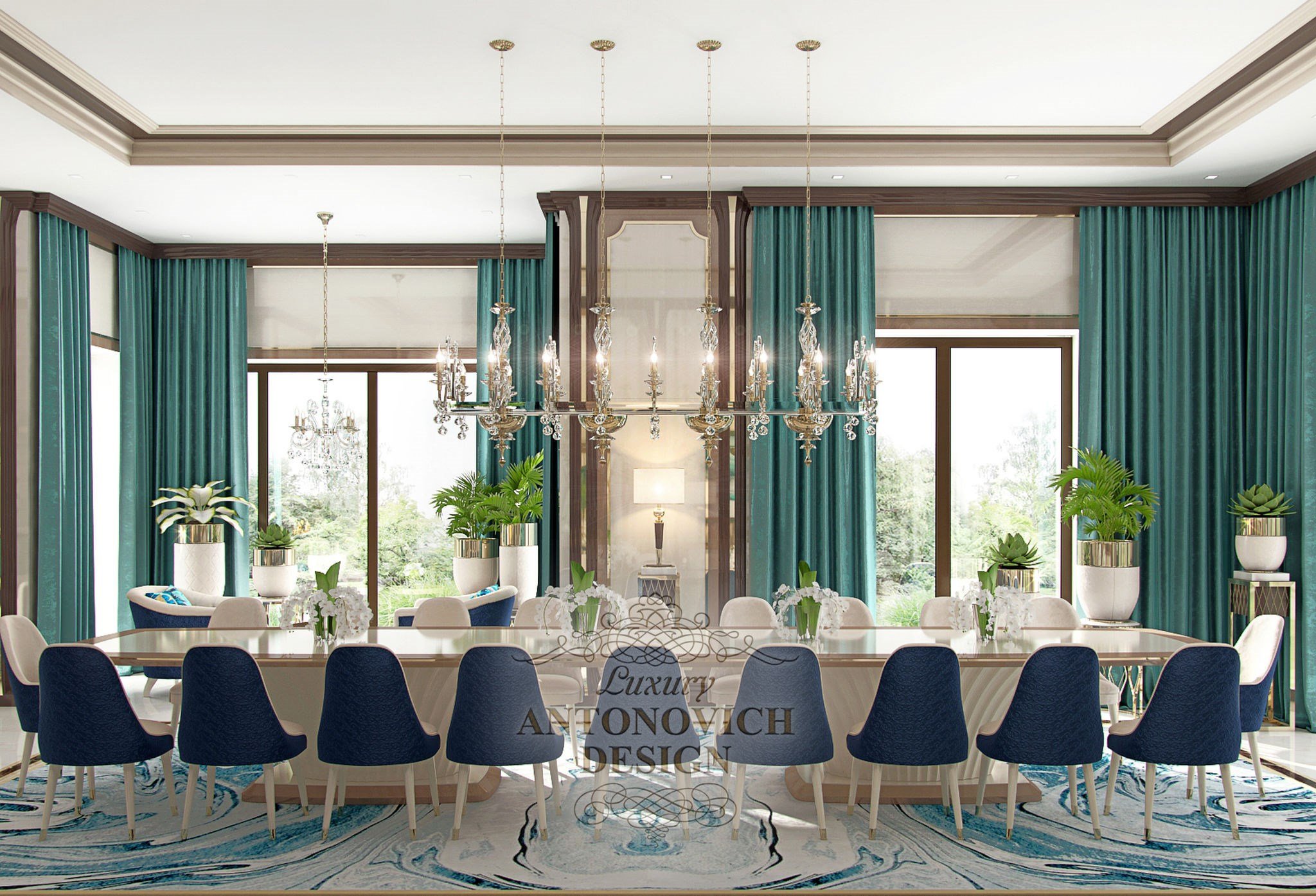 Проект дизайна гостиной с большим столом от студии элитных интерьеров Luxury ANTONOVICH DESIGN
