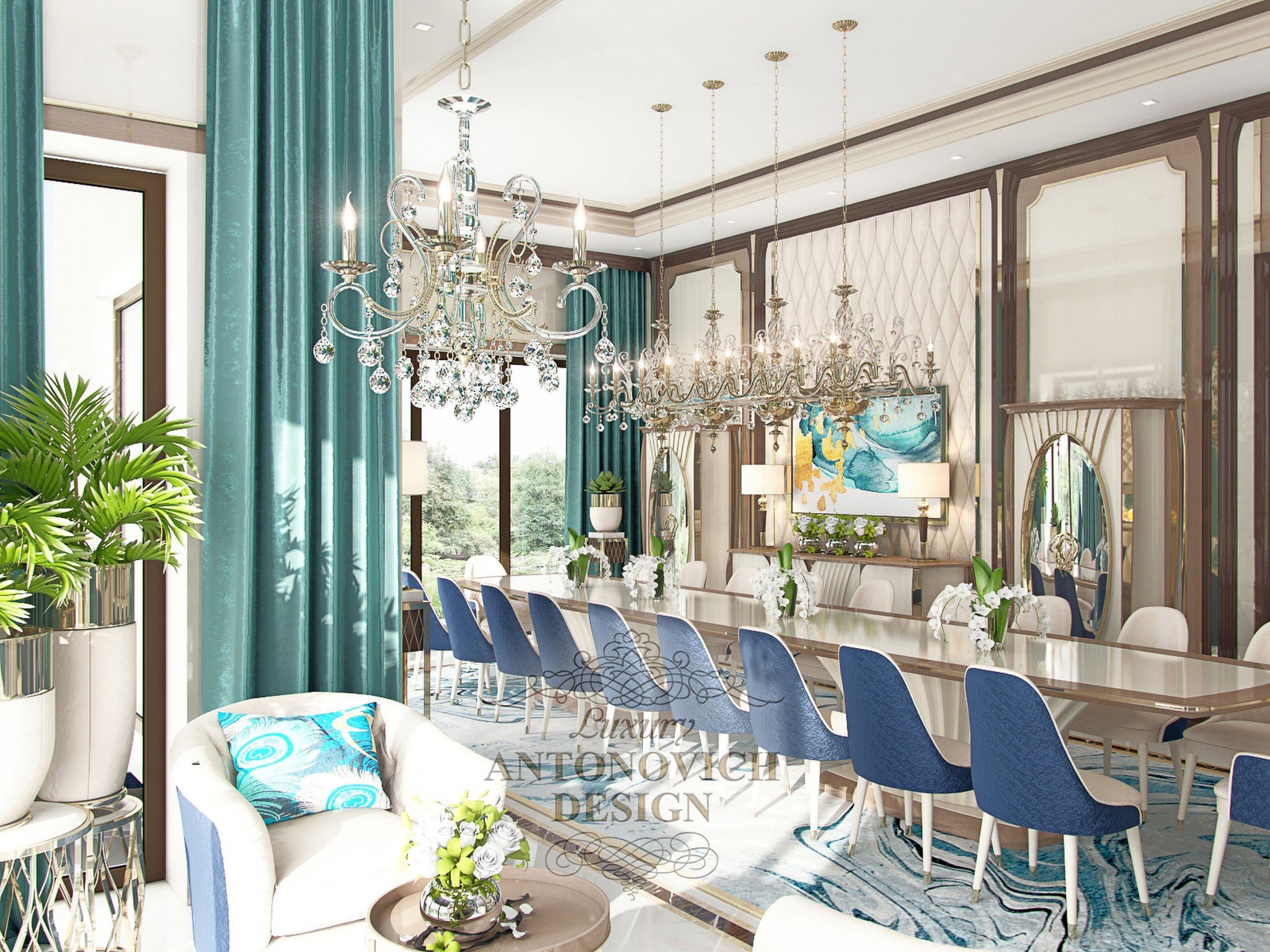 Дизайн гостиной в синих тонах от студии элитных интерьеров Luxury ANTONOVICH DESIGN
