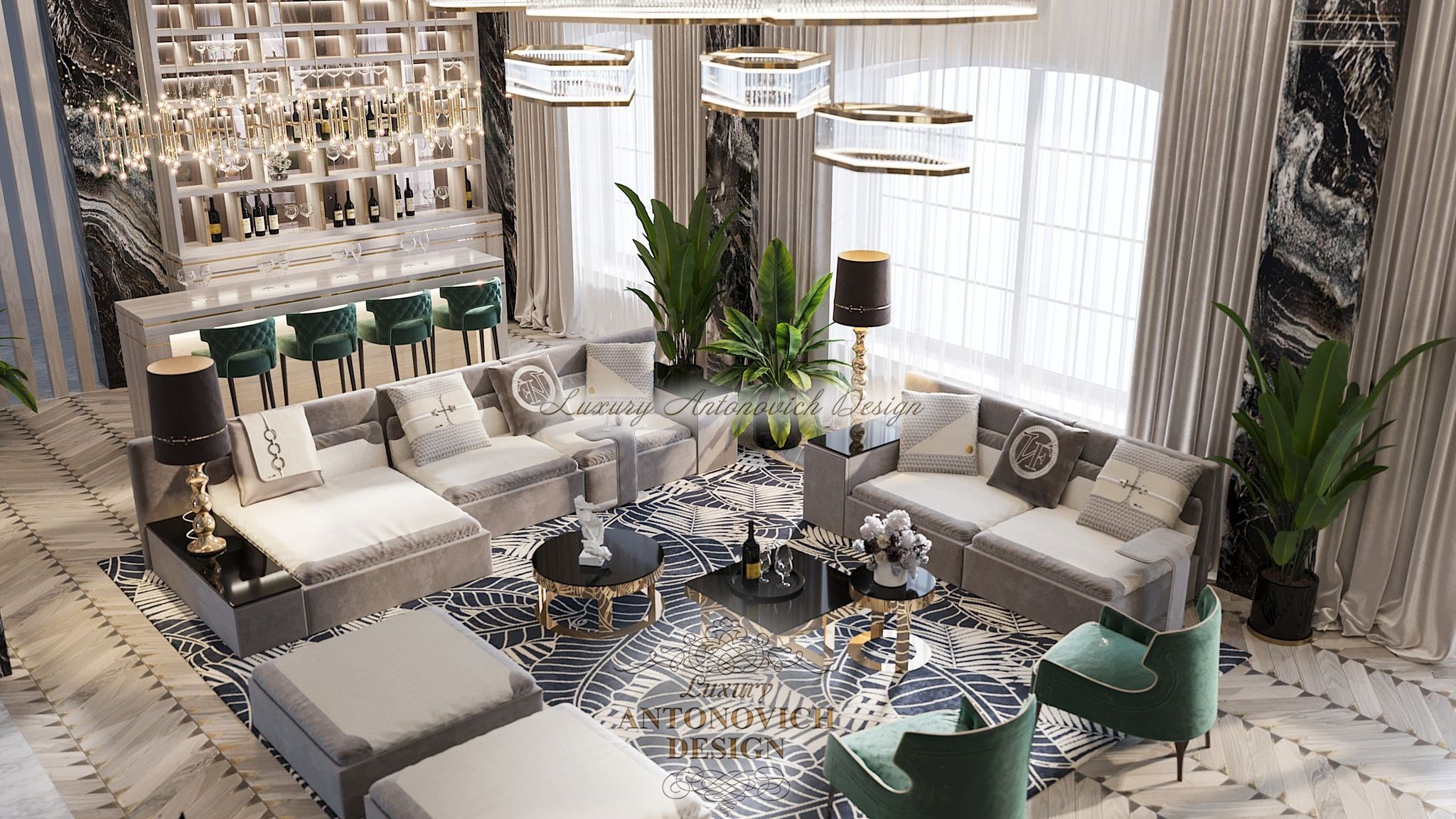 Дизайнерское освещение в гостиной в стиле Ардеко от студии дизайна интерьеров Luxury Antonovich Design