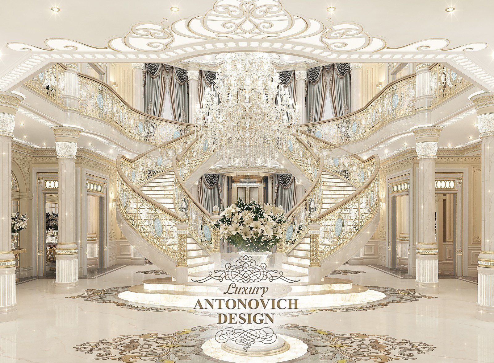 Дизайн холла с лестницей в дизайне самых дорогих домов  от студии элитных интерьеров Luxury ANTONOVICH DESIGN