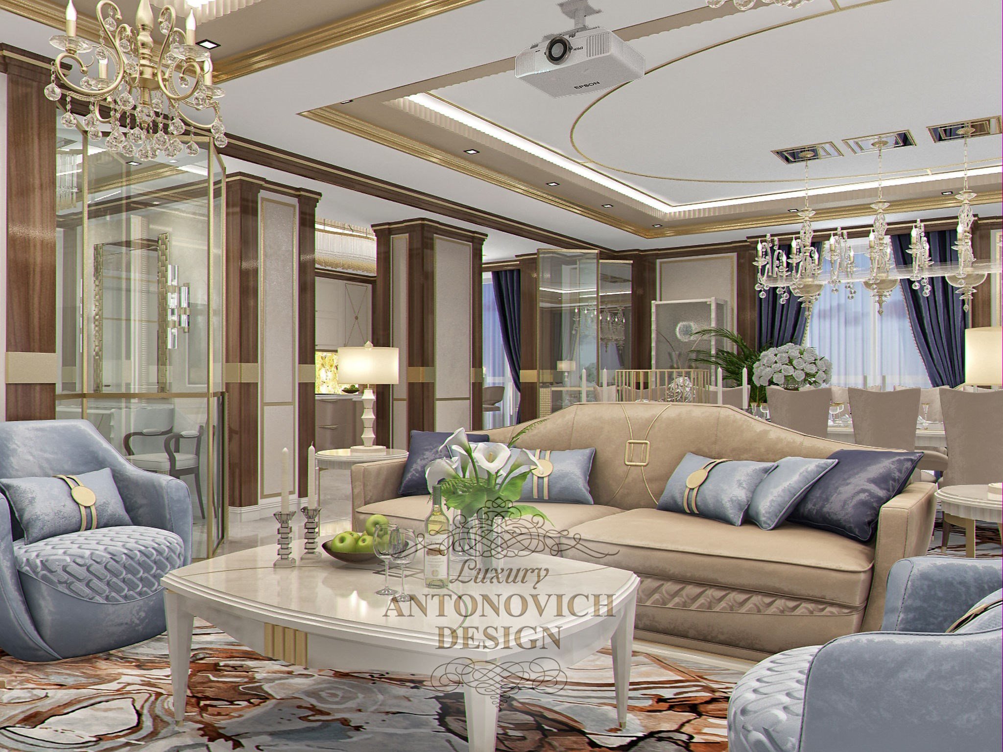 Дизайн современной гостиной со стеклянной ширмой от студии элитных интерьеров Luxury ANTONOVICH DESIGN