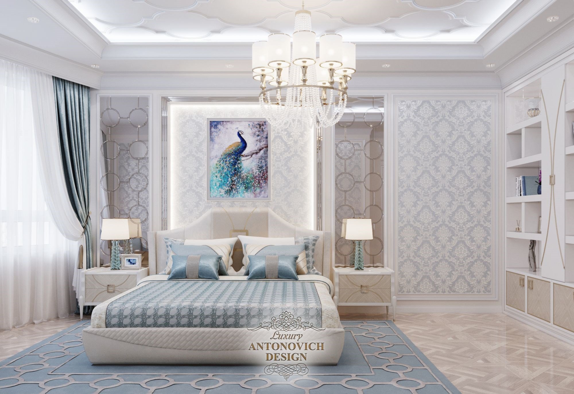 блакитний килим, килим в спальню, красива ліжко, ліжко дизайн, стильна ліжко, антонович дизайн