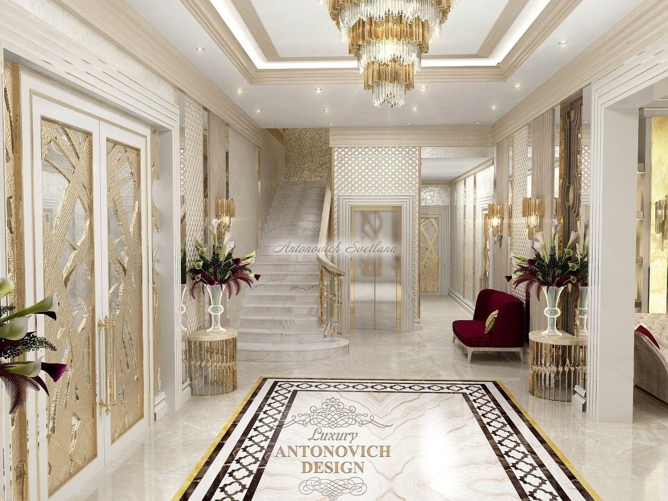 Холл с камином в особняке Luxury ANTONOVICH DESIGN