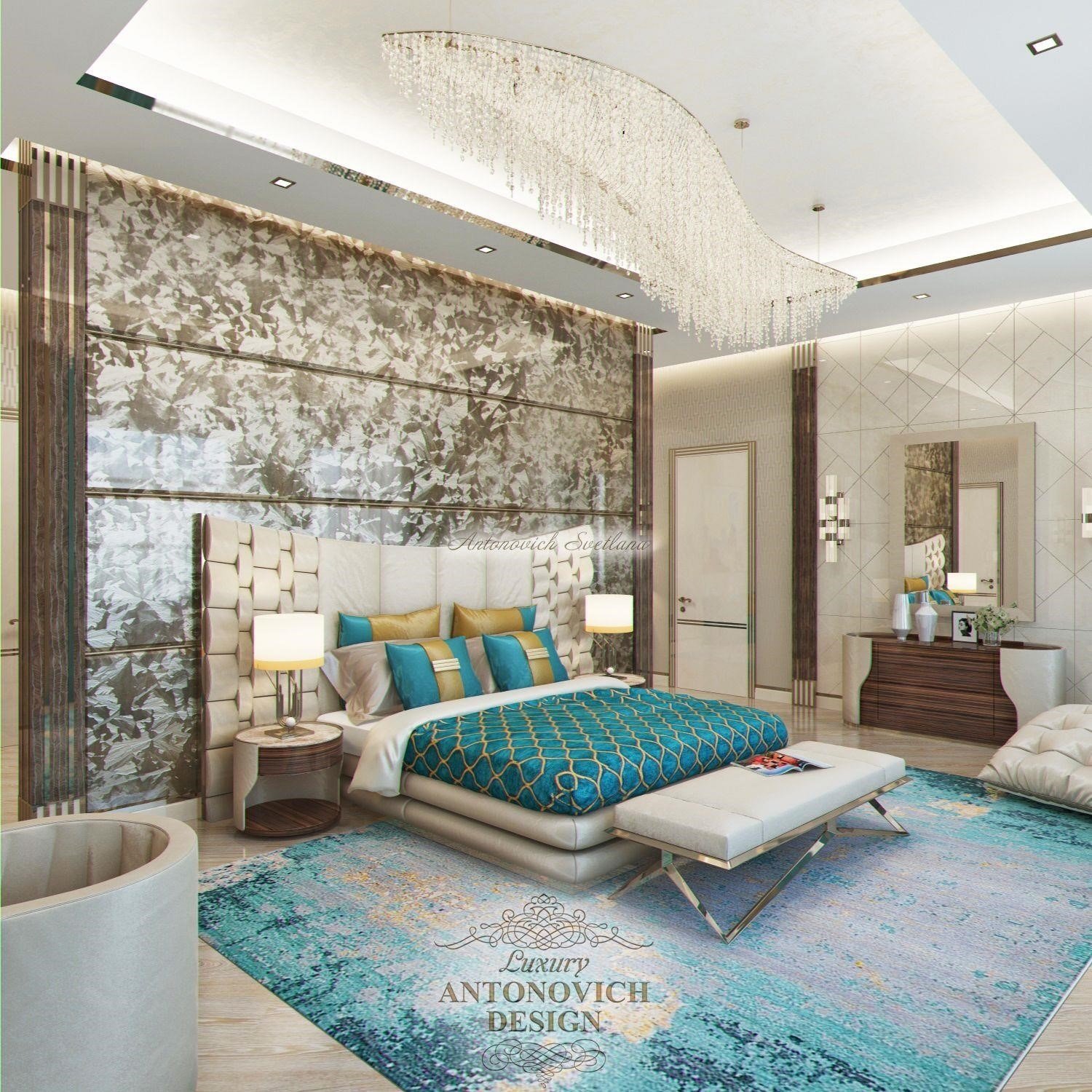 Яркая голубая спальня в доме Luxury ANTONOVICH DESIGN