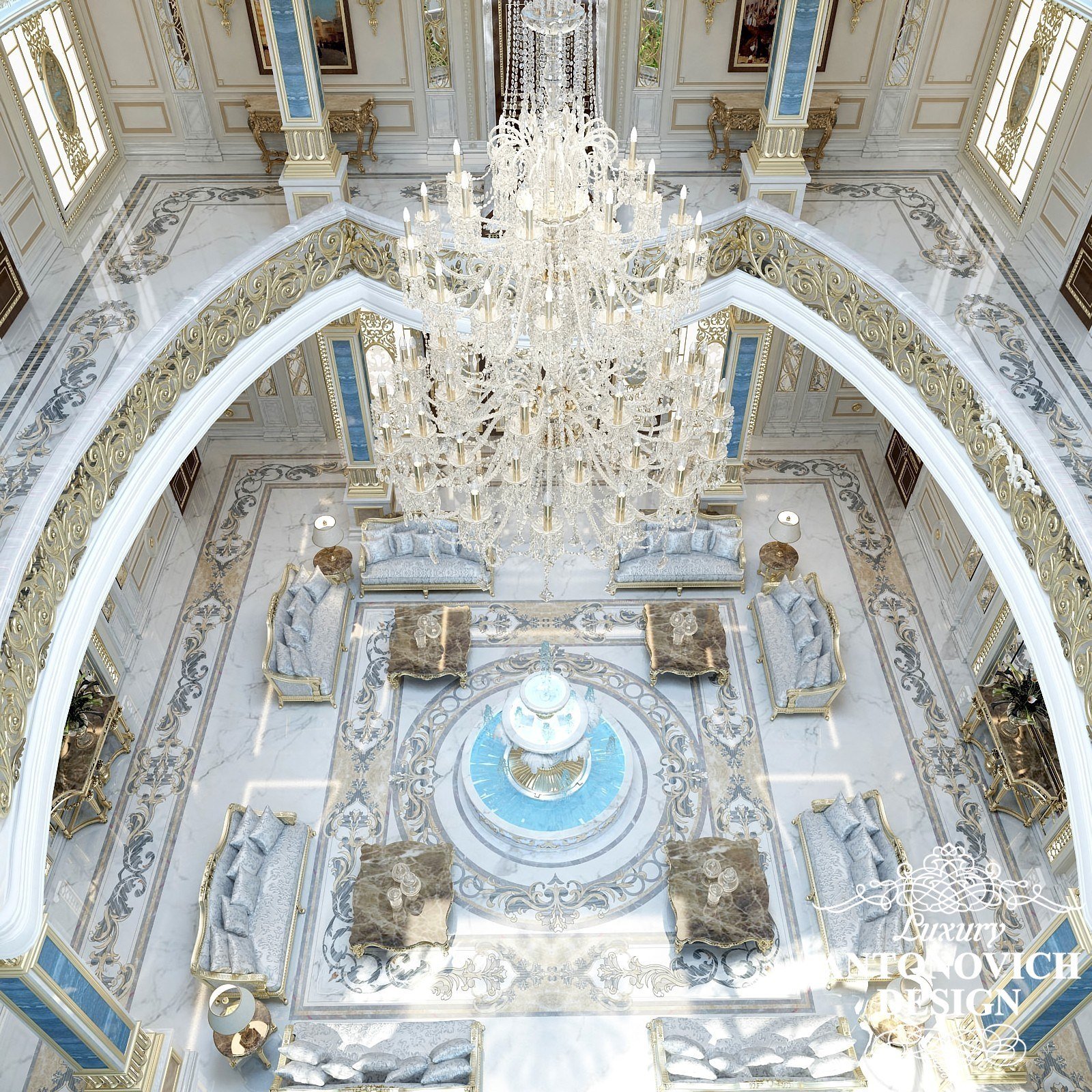 Роскошный холл Лепнина Позолота Светлая комната Мрамор Колонны Бирюзовый текстиль Орнамент