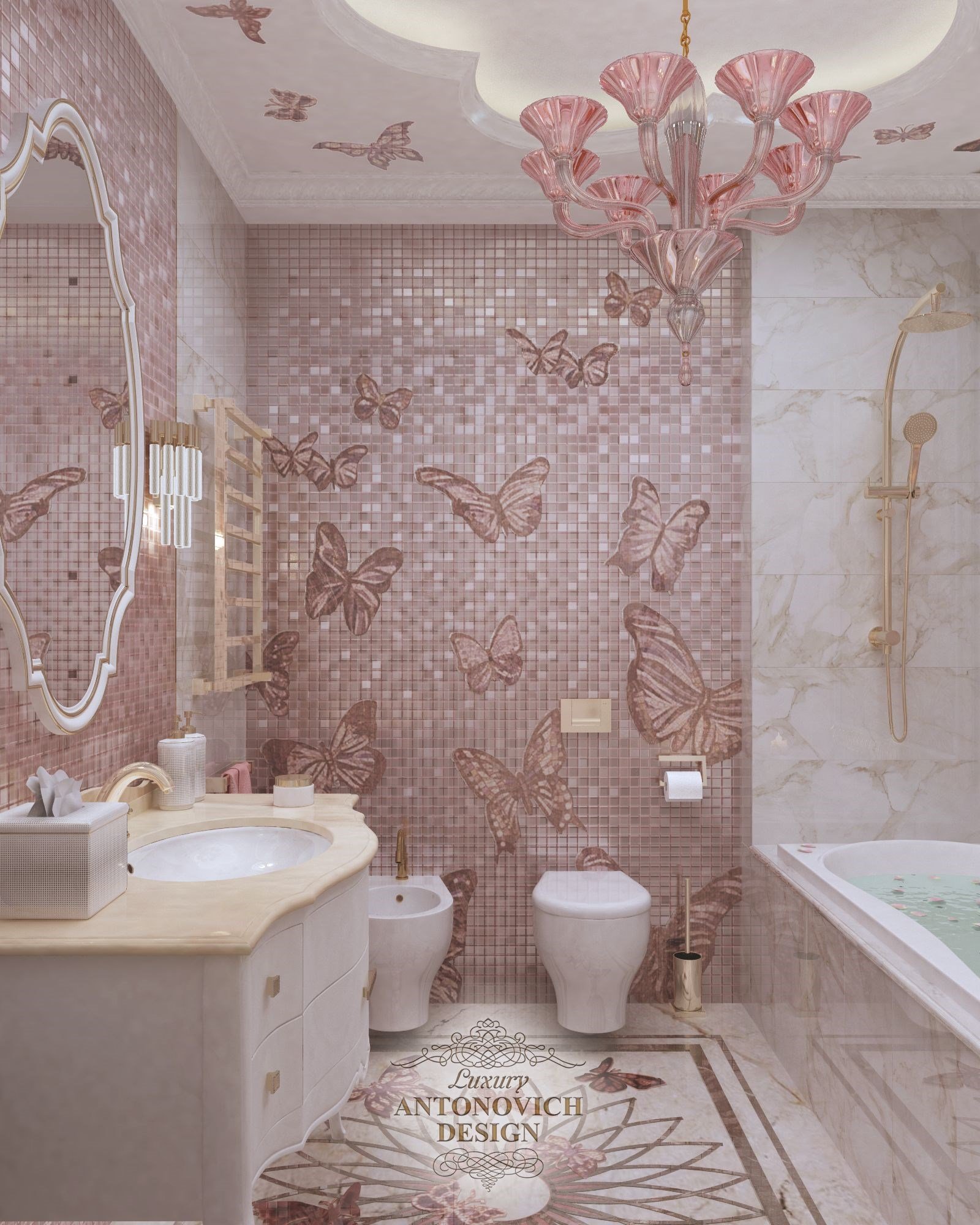 интерьер ванной в розовом цвете