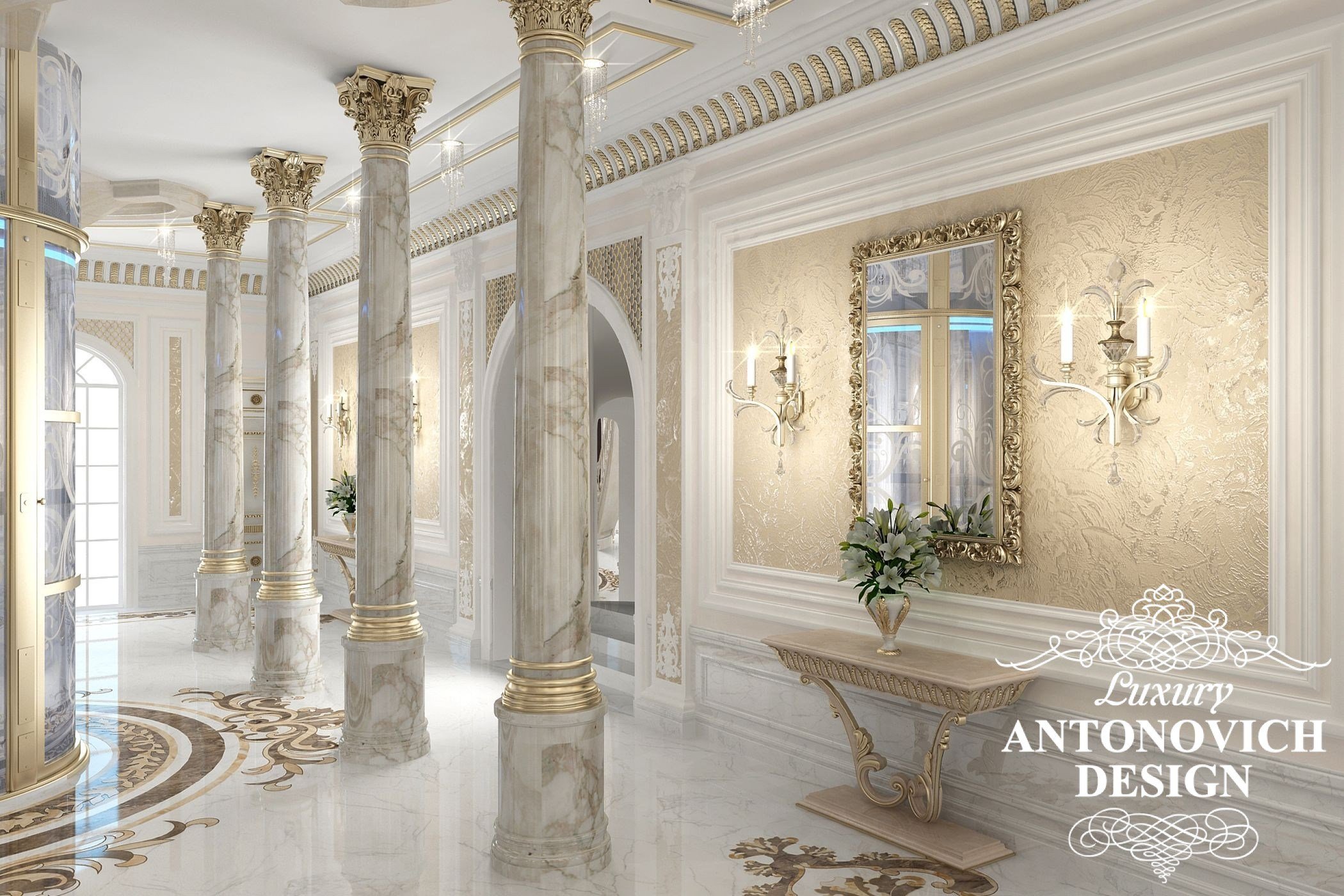 Хол з балюстрадою в розкішному палаці від студії елітних інтер'єрів Luxury ANTONOVICH DESIGN