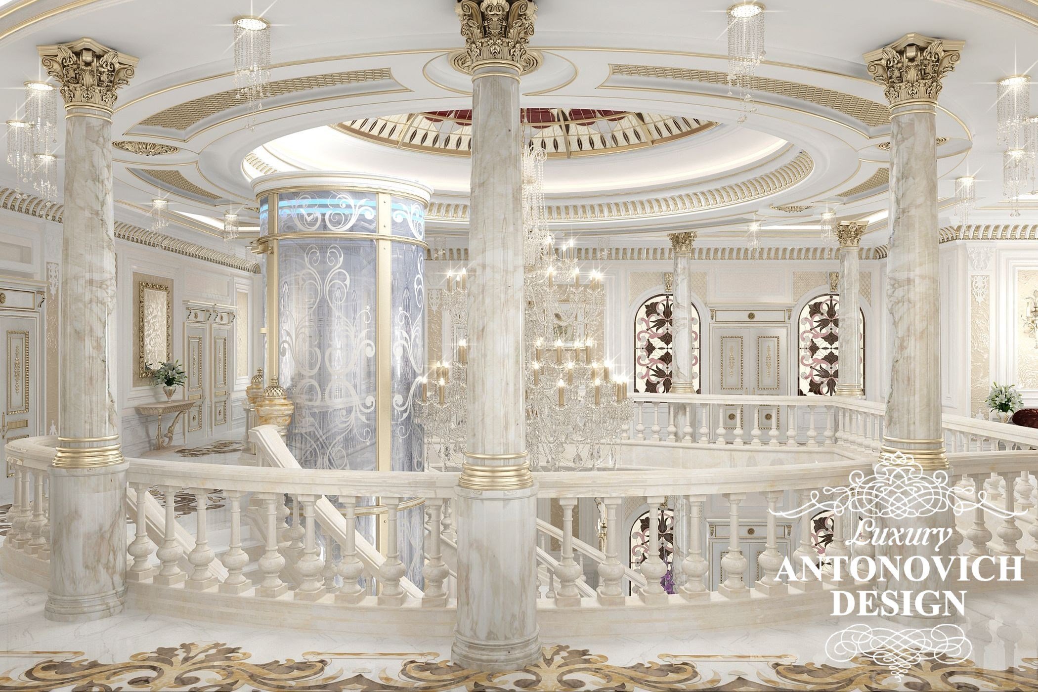 Дизайн холу зі сходами в розкішному палаці від студії елітних інтер'єрів Luxury ANTONOVICH DESIGN