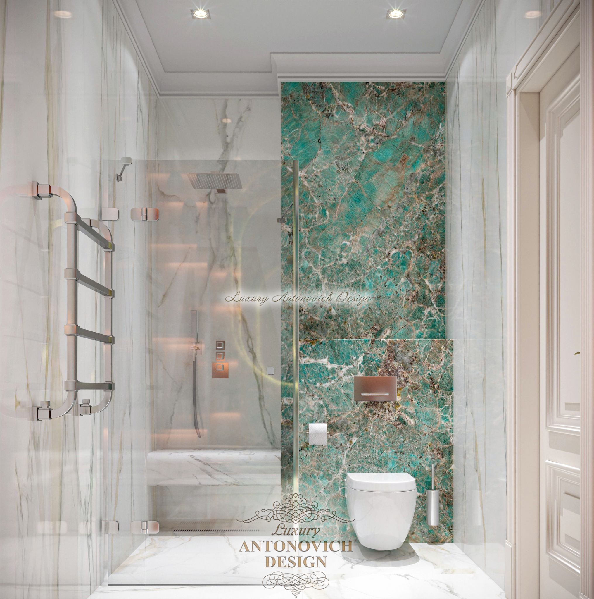 зелений мармур, мармур в декор ванній, стіни з мармуру, скляна душова, антонович дизайн