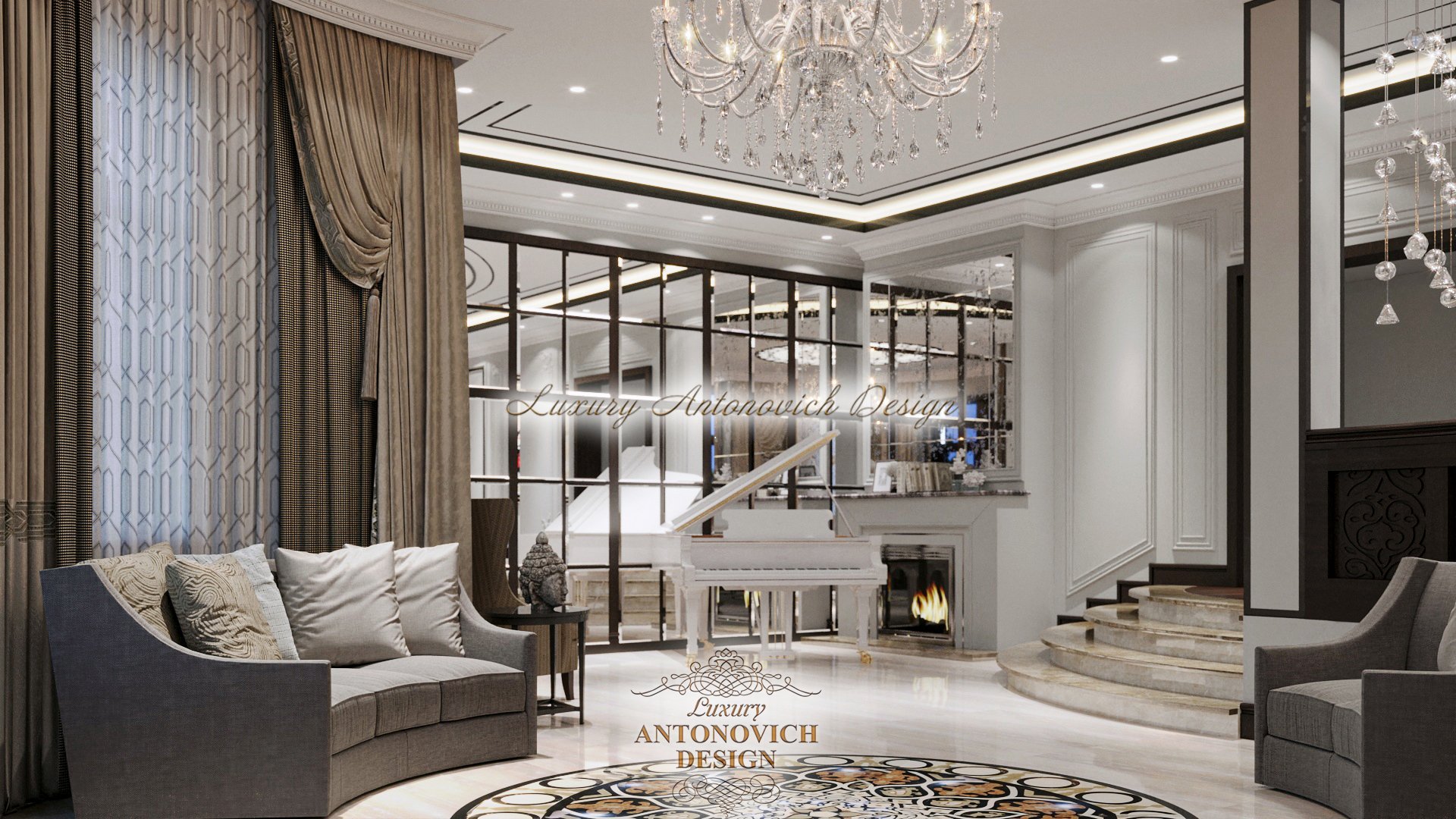 особняк в классическом стиле, дизайн дома, роскошный холл, хол с роялем, дизайн с роялем, рояль в холле