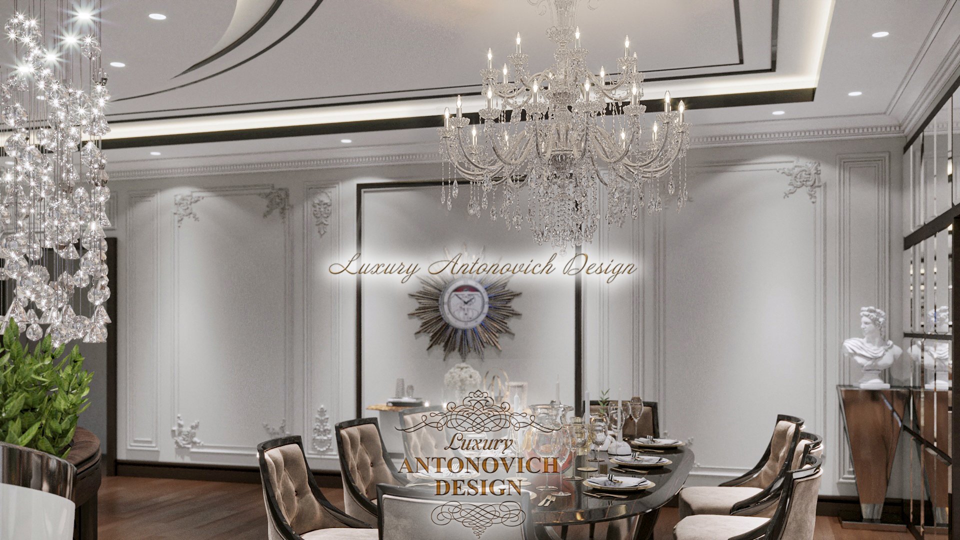 декор столовой, хрусталь в декоре, элементы декора в классическом стиле, лепка на стенах