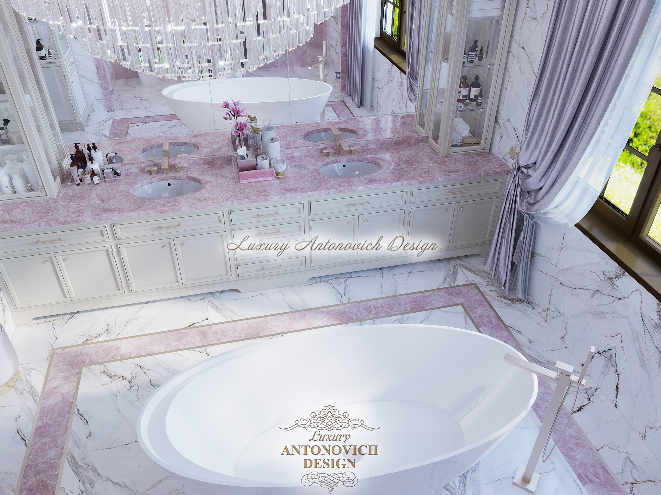 мраморная ванная, мрамор в ванной комнате, розовый мрамор, светлый мрамор, нежная ванная