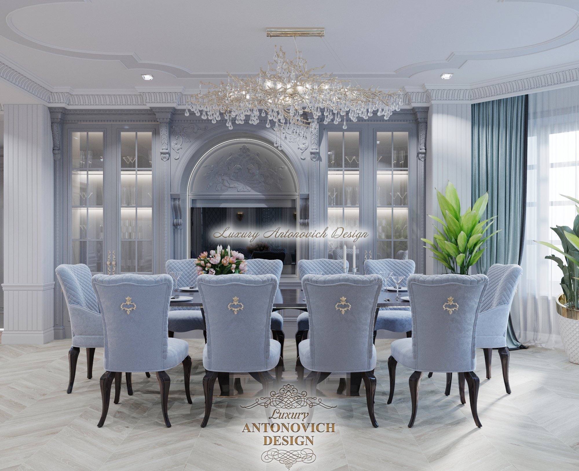 сіра меблі для їдальні, стільці в класичному стилі, розкішний дизайн їдальні, інтер'єр вітальні