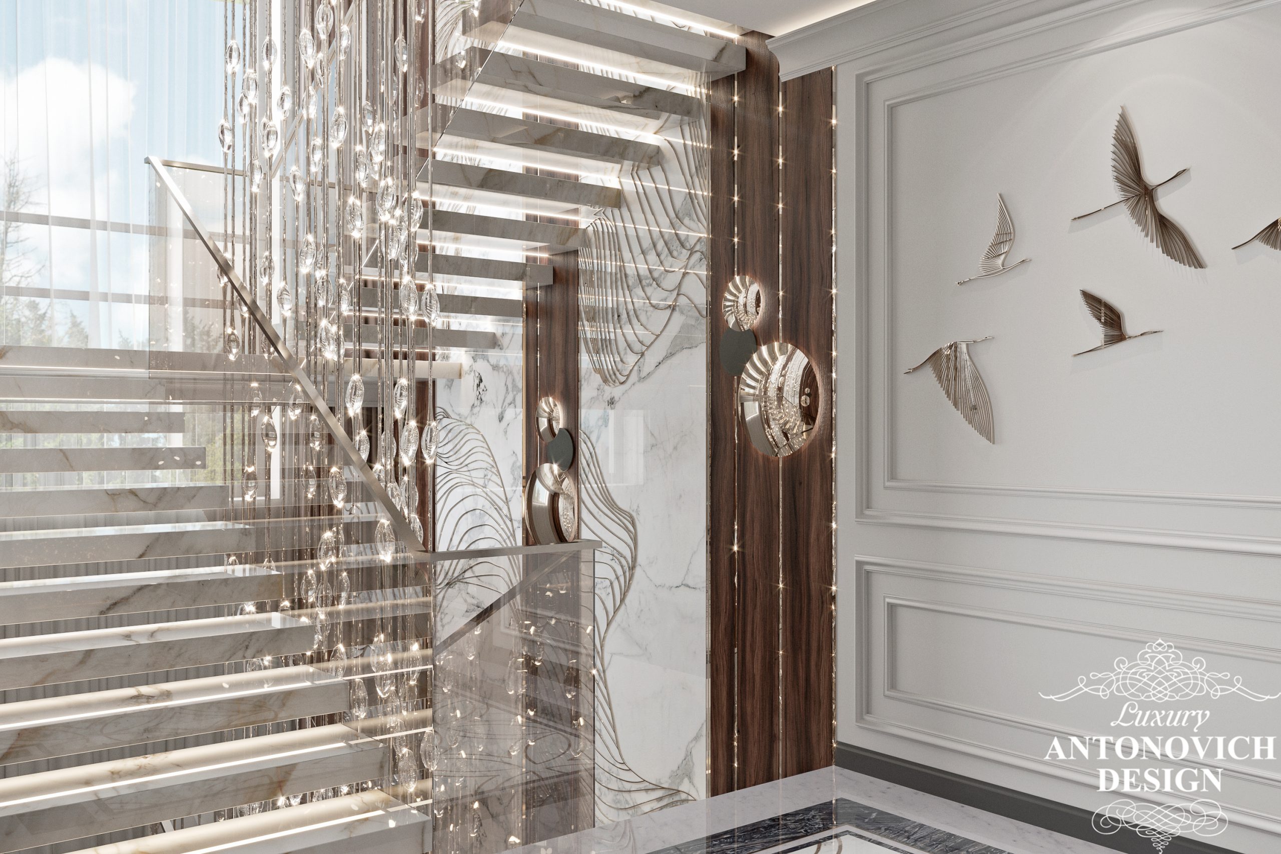 Маршові сходи з шпонованим глянцевими панелями з яскравим підсвічуванням в дизайні інтер'єру свого будинку