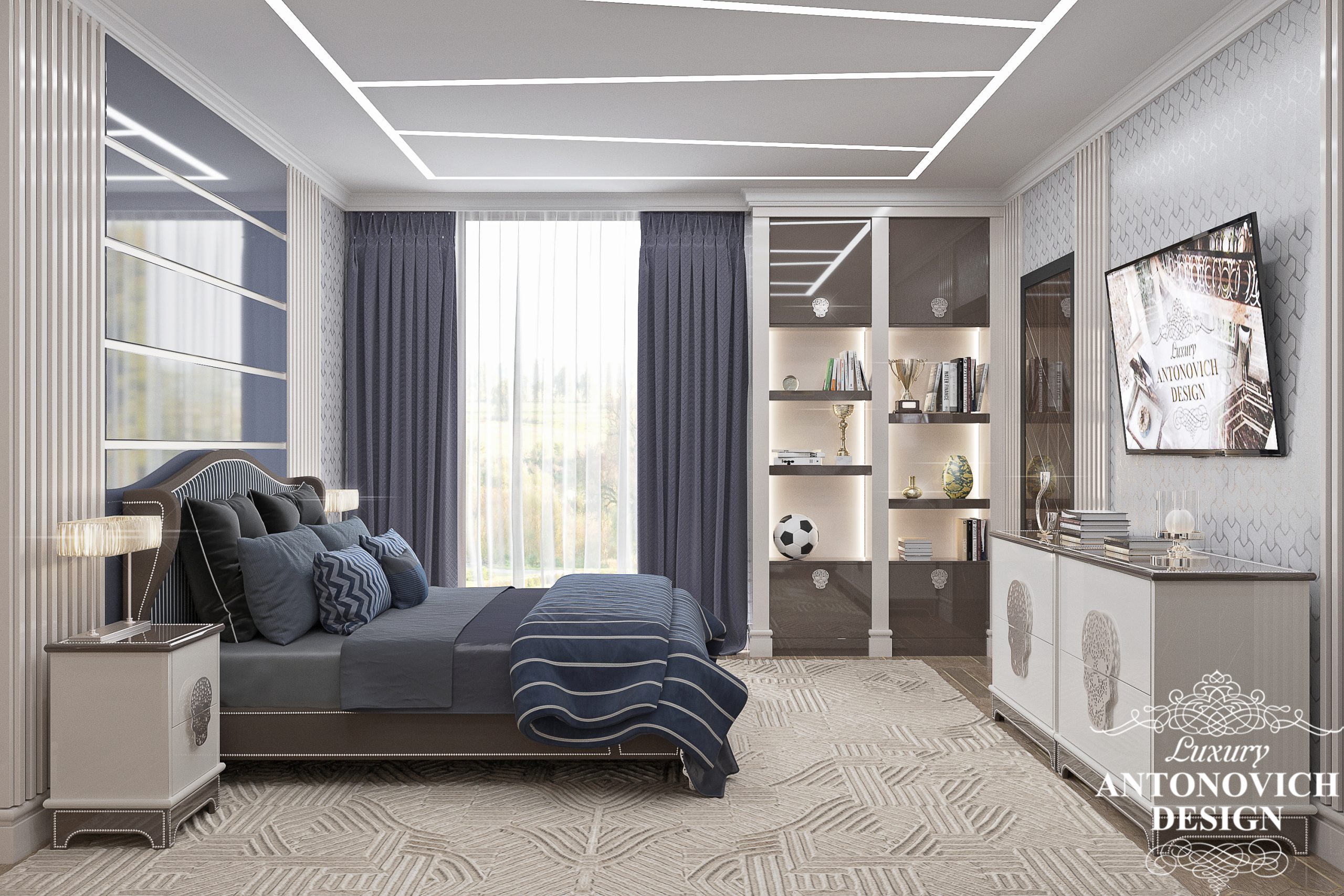Синий цвет в интерьере в дизайне просторной спальни