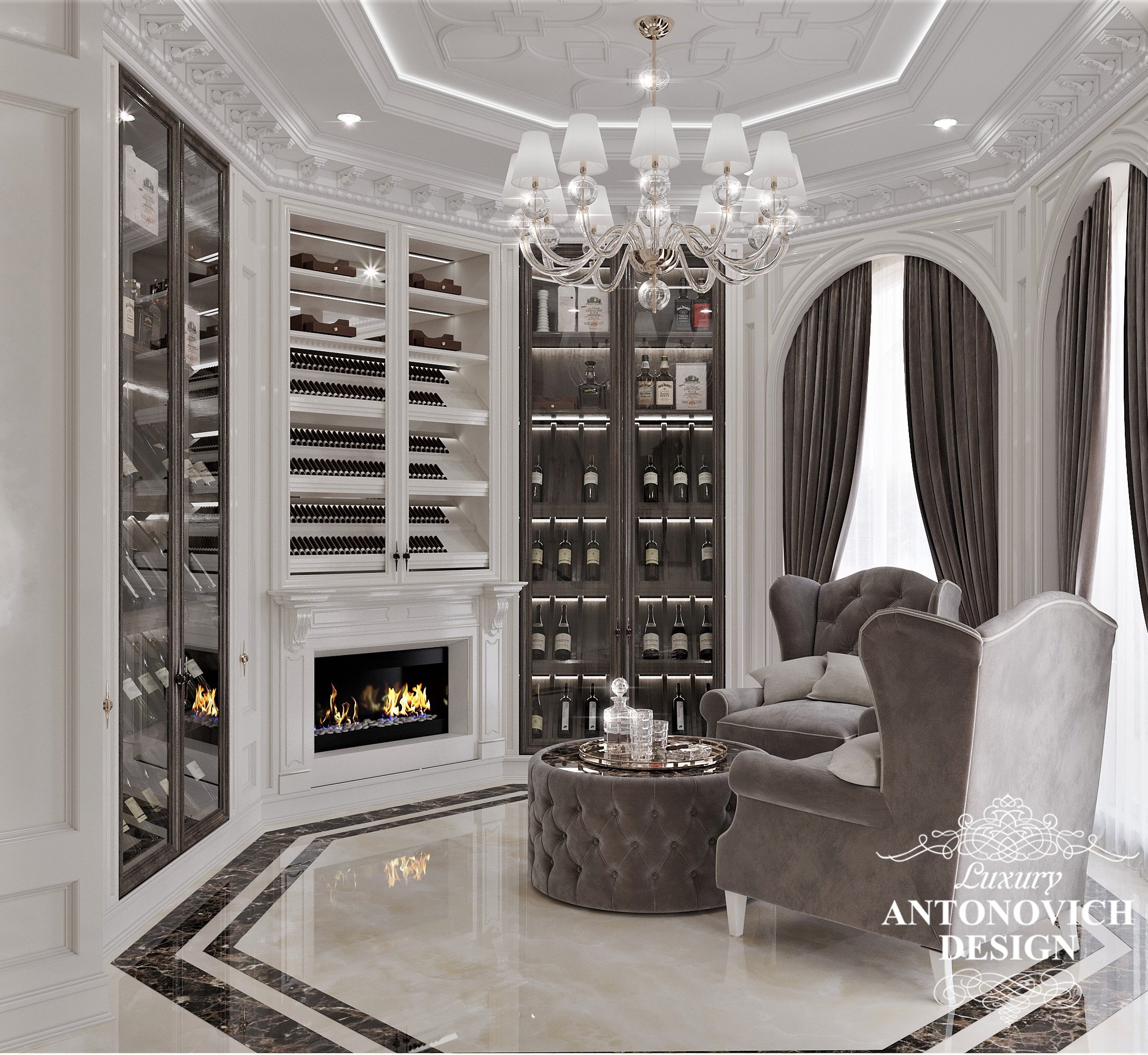 Элегантный камин в роскошной сигарной комнате в стиле неоклассика