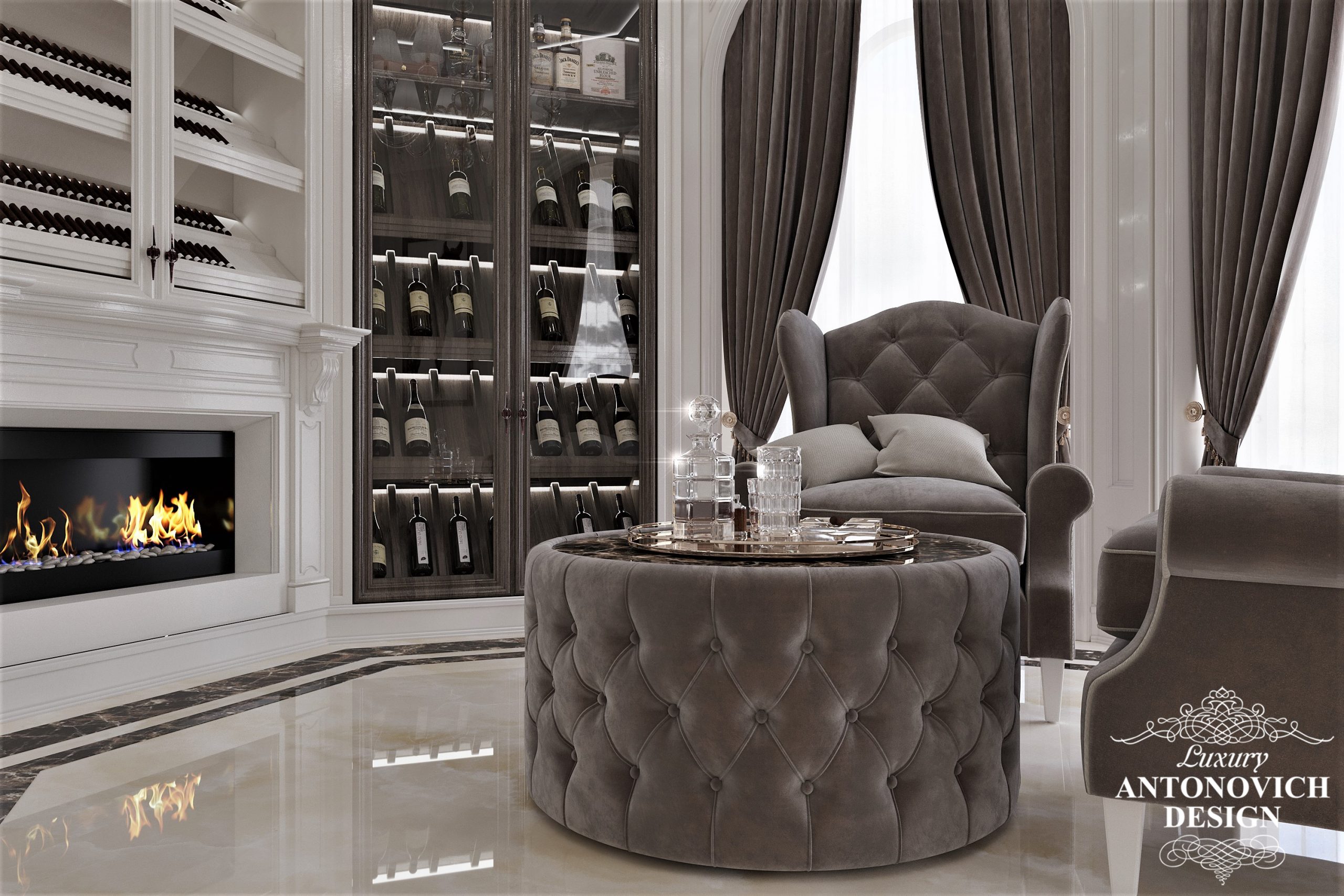 Комфортная, удобная мягкая мебель из дорогих материалов в дизайнерской комнате отдыха
