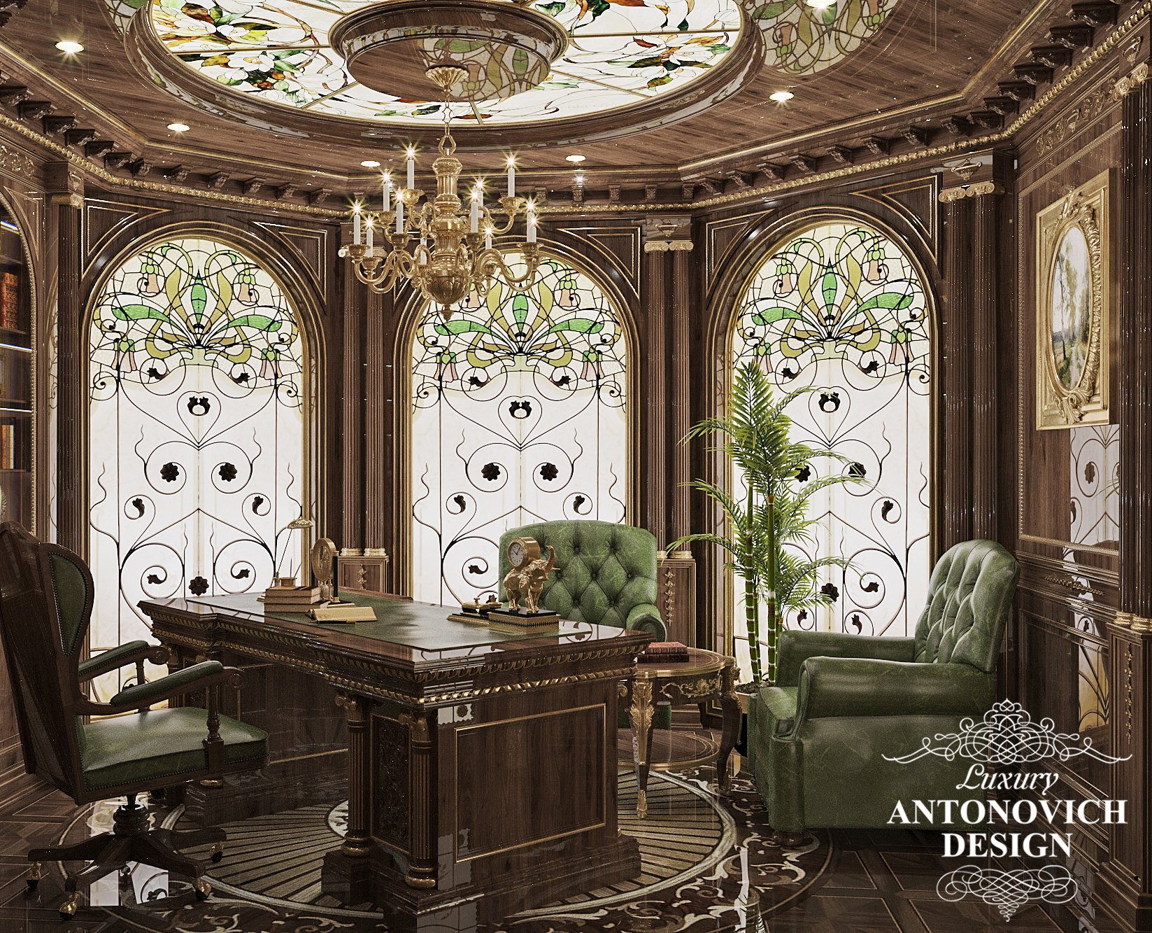 Золотой орнаментальный декор в дизайне великолепного кабинета
