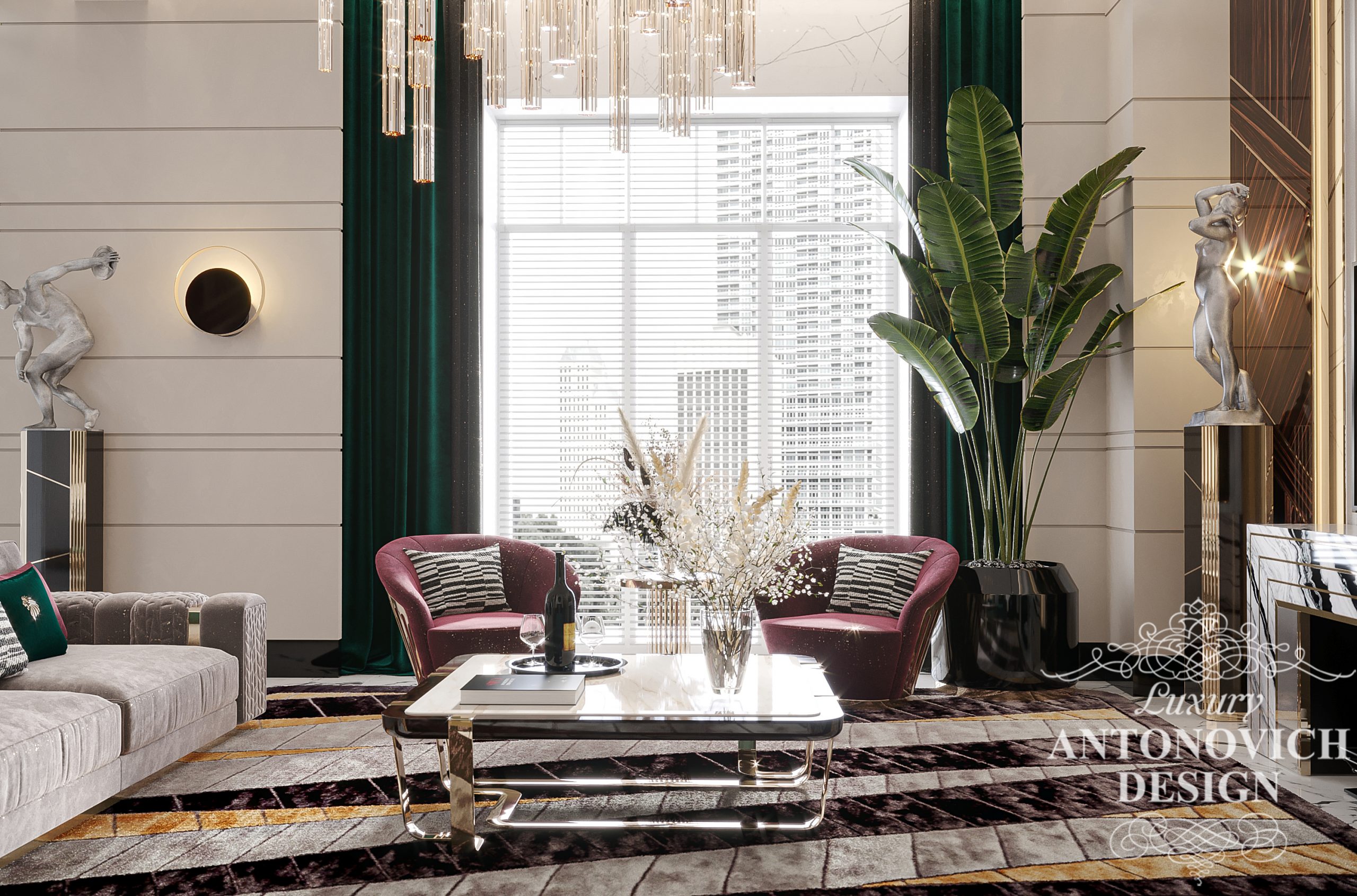 Бордовые, винные, изумрудные оттенки мебели в интерьере роскошной гостиной частного дома