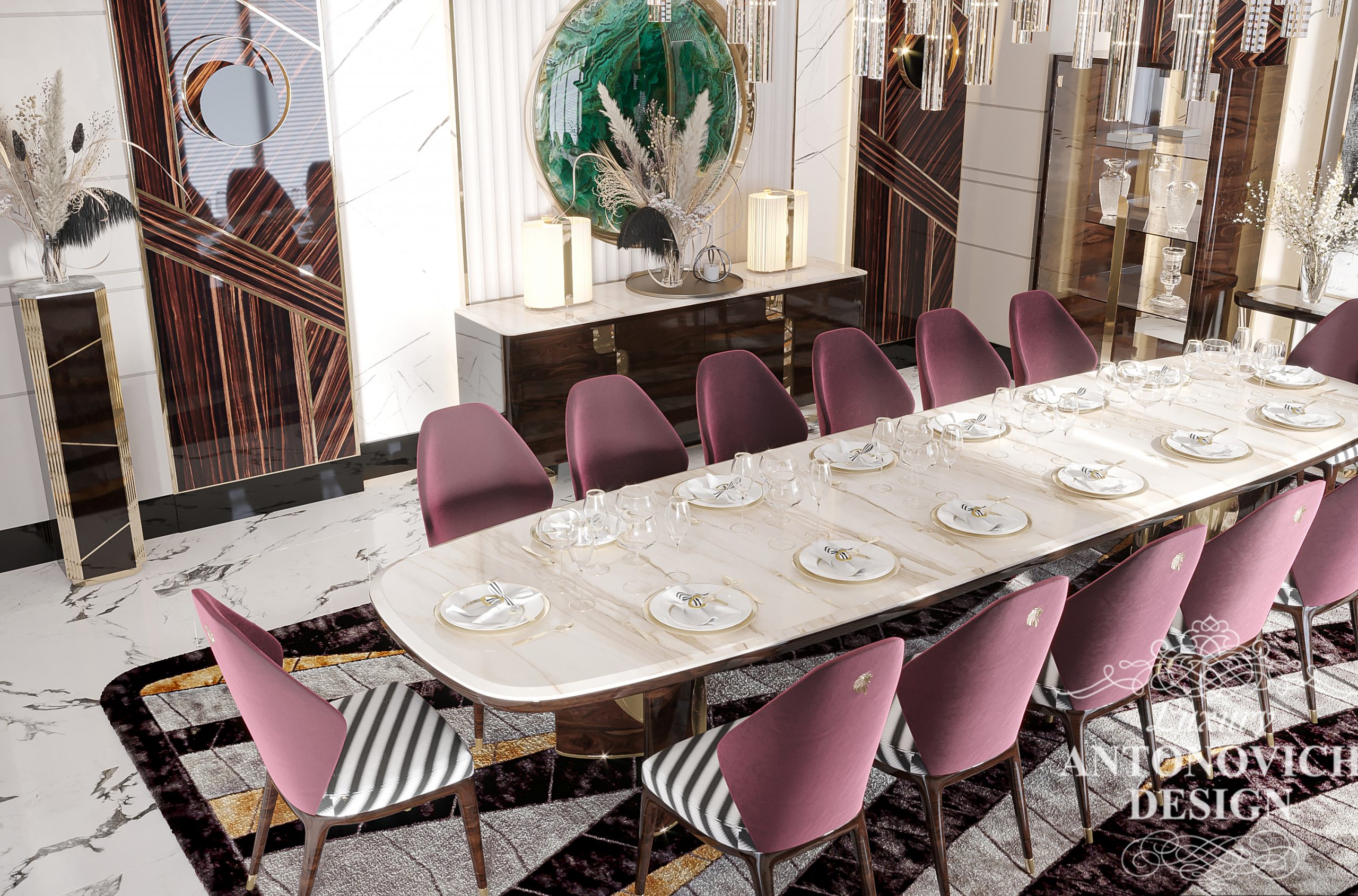 Обідня зона в вітальні з вишуканими меблями від Giorgio Collection і чудовим декором з латунними вставками