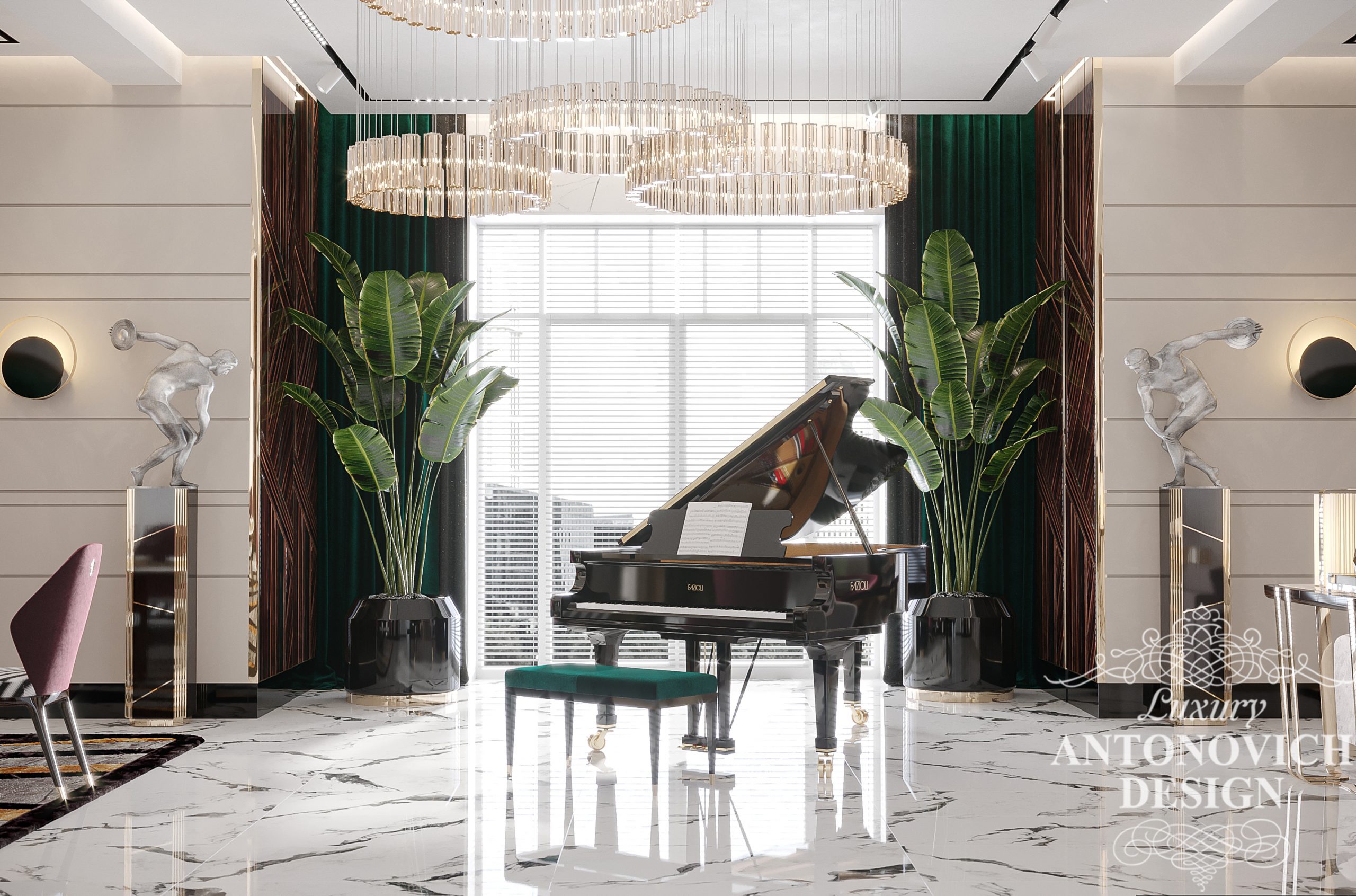Элегантный рояль с изумрудным сиденьем в интерьере гостиной в роскошном частном доме в загородной резиденции