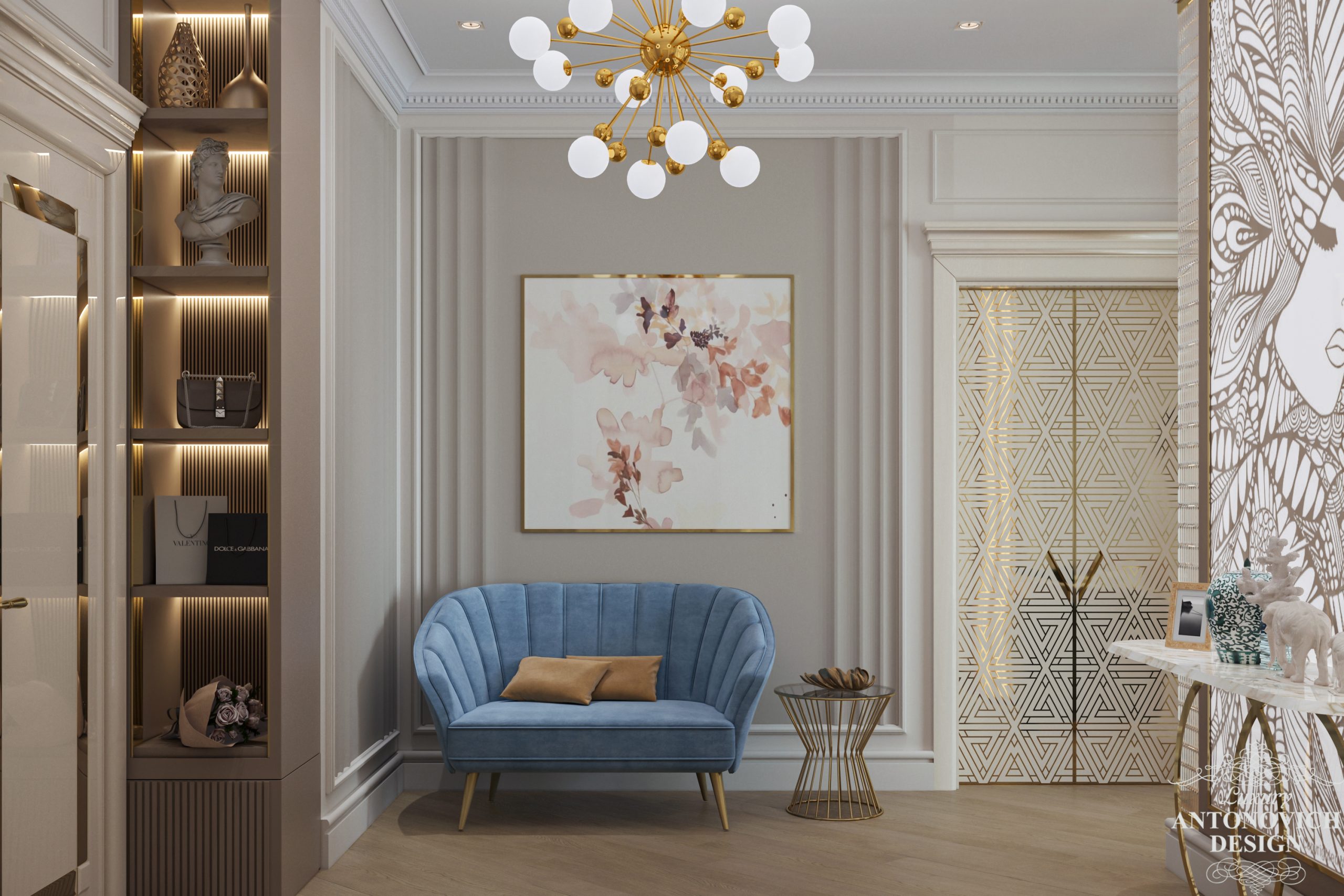 Акцентные цвета синего в интерьере гостиной с необычным современным латунным декором