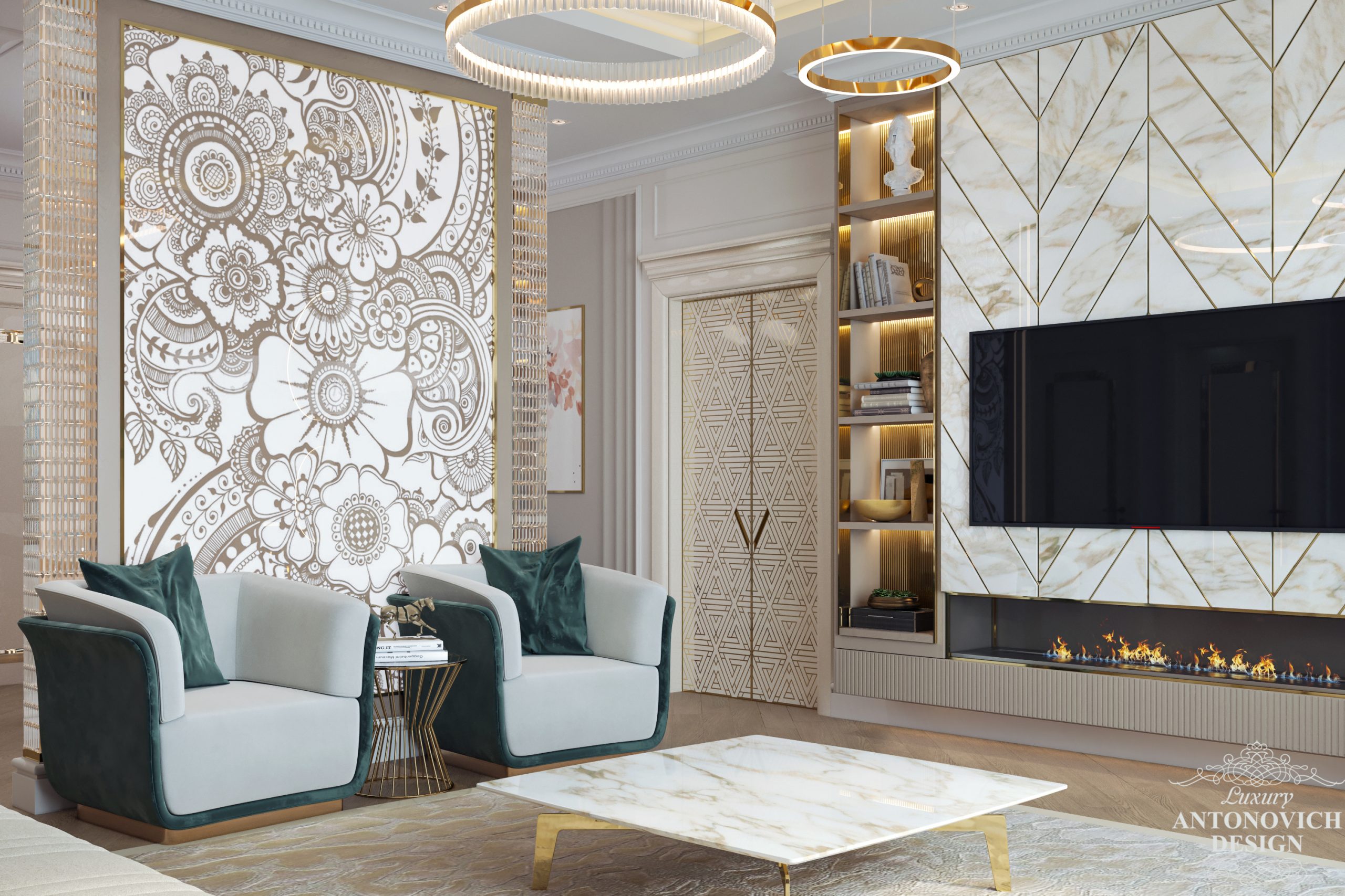 Утонченный декор из мрамора и латуни в интерьере роскошной квартире премиум класса