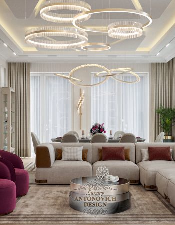 Кольцевые люстры из сатинированной латуни в интерьере потрясающей гостиной с стиле неоклассика