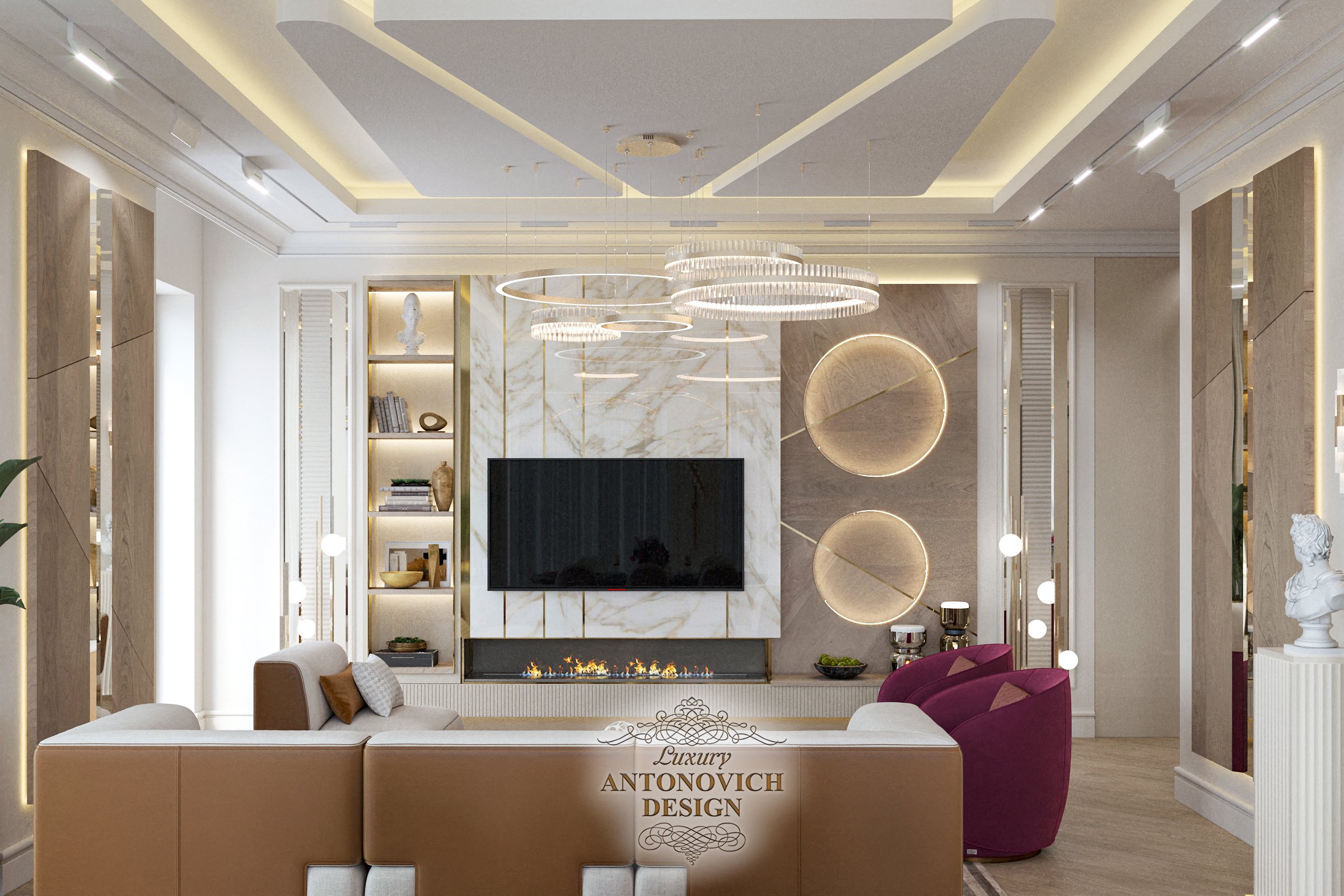 Приголомшливий тандем мармуру і латуні в декорі сучасної вітальні в неокласичному стилі
