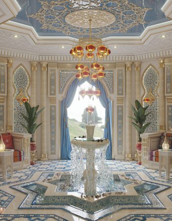 Комната отдыха в роскошном арабском стиле с орнаментальным резным декором