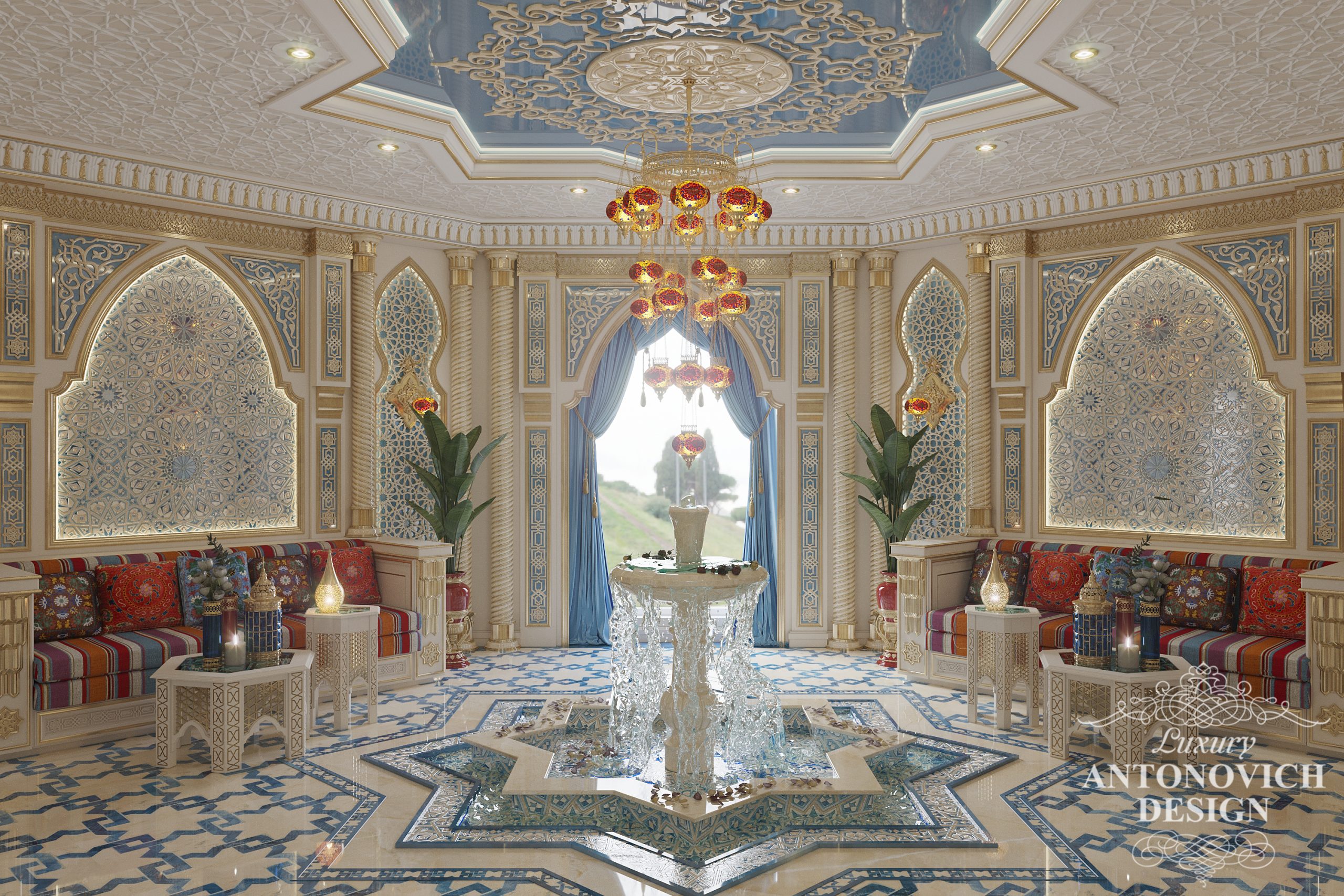 Комната отдыха в роскошном арабском стиле с орнаментальным резным декором