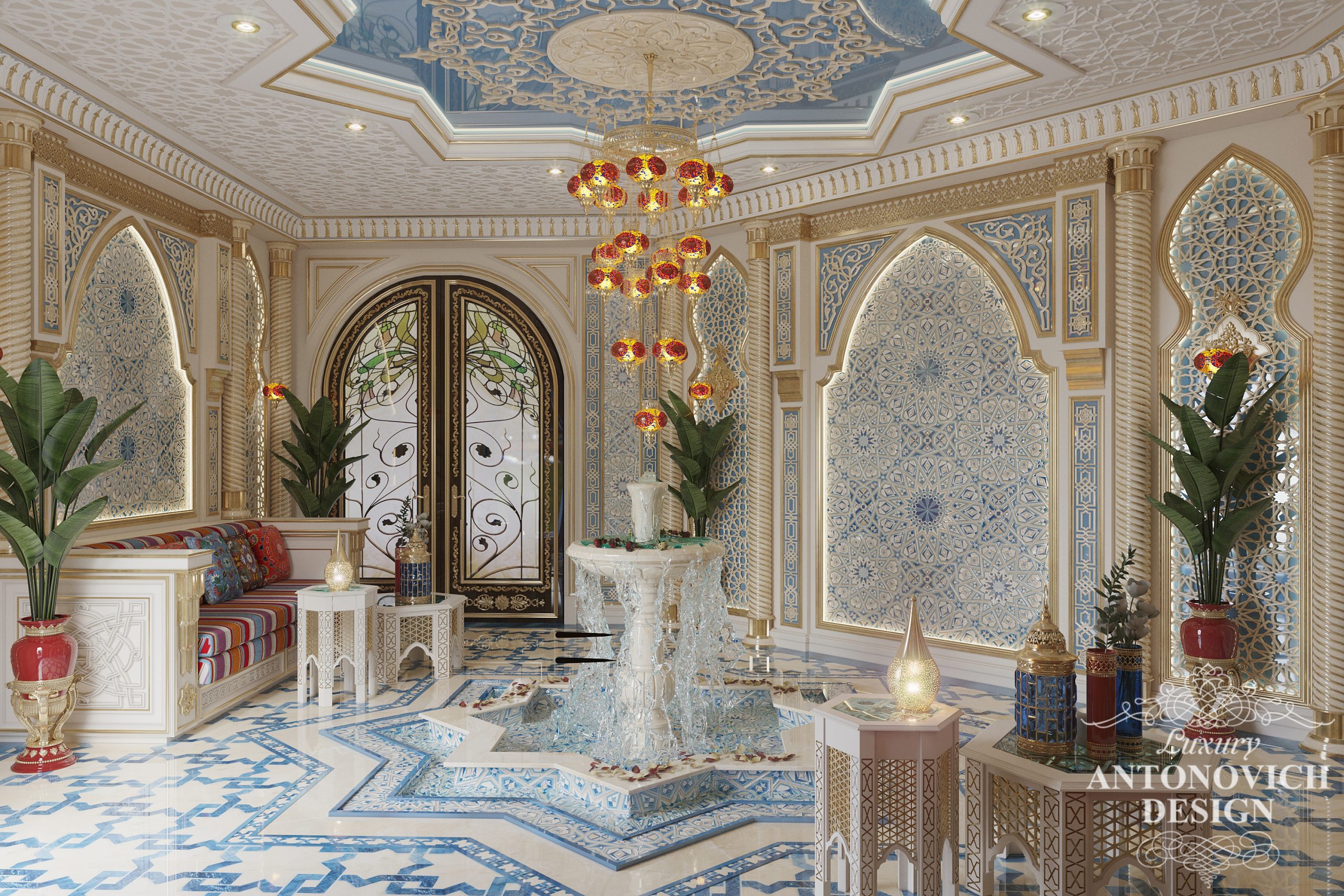 Комфортна кімната відпочинку з різьбленою декоративної меблями з золотими вставками в східному стилі