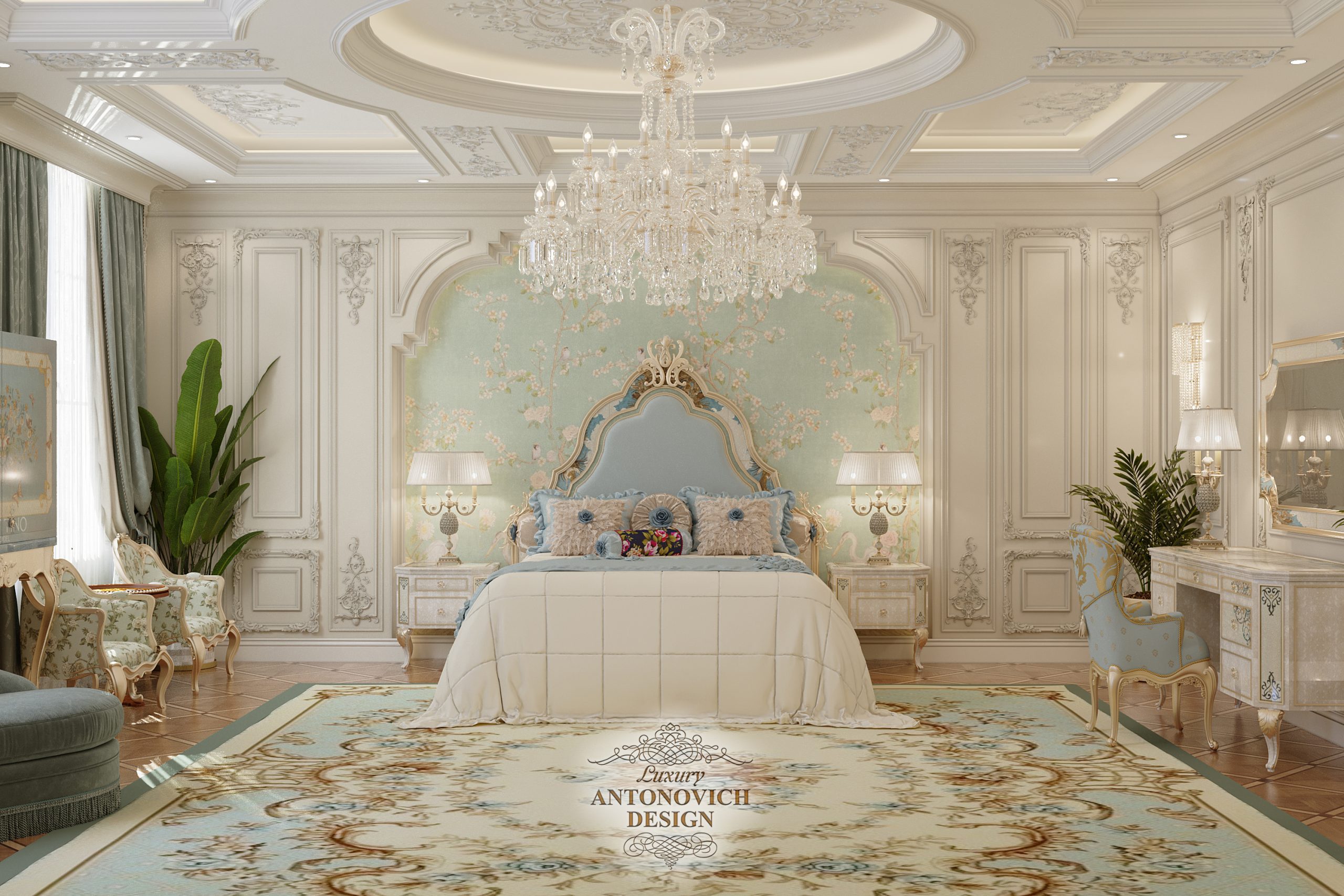 Изящное настенное панно с растительными мотивами , дорогой бархатный текстиль в интерьере спальни в роскошном классическом стиле