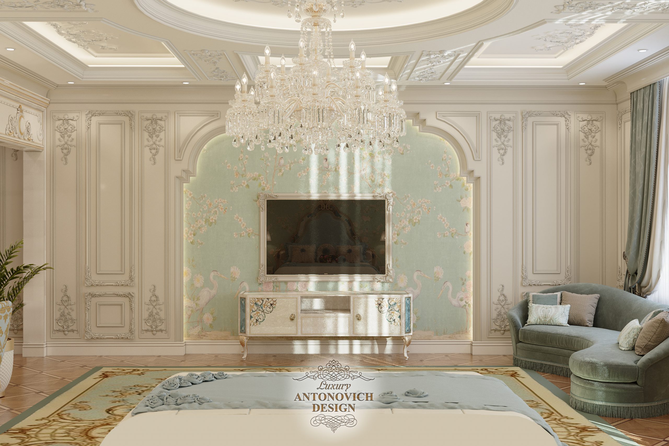Роскошная спальня в классическом стиле с хрустальной люстрой и изысканным декором