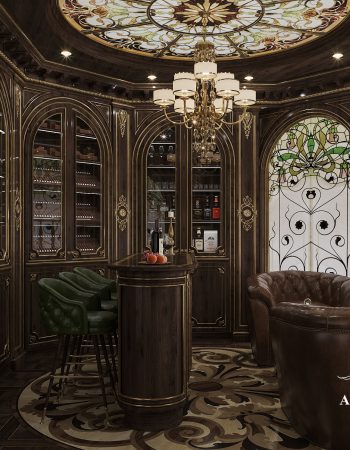 Невероятные витражи с растительными мотивами в интерьере сигарной комнаты отдыха с баром элитных напитков