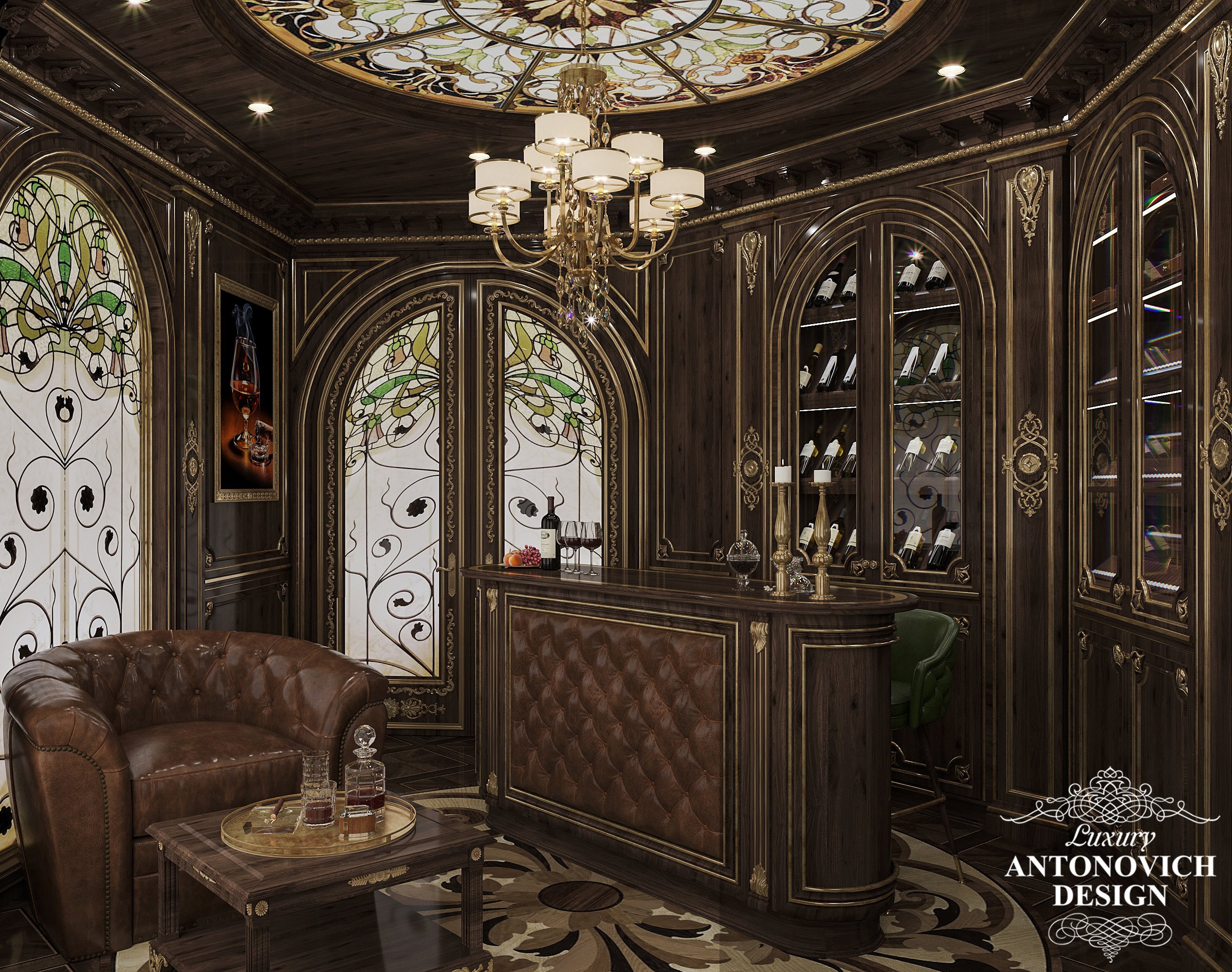 Интерьер роскошной сигарной комнаты с персональным элитным баром в дизайн-проекте частного дома
