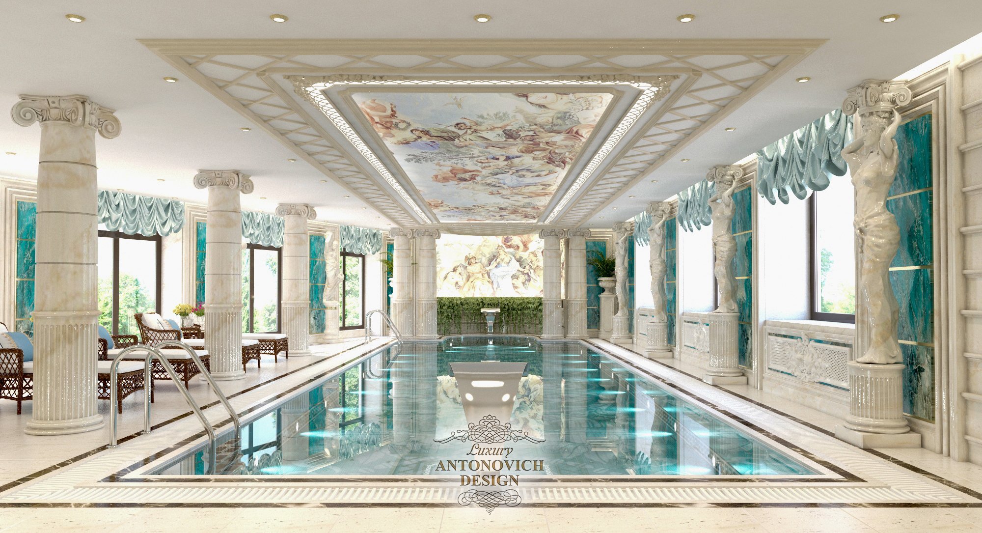 Ультрамариновая подсветка и автоматическая фильтрация воды в дизайне роскошного бассейна в изысканном классическом стиле