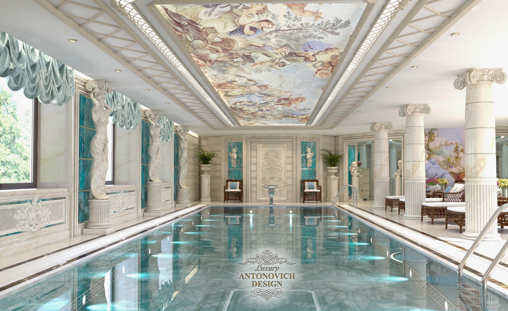 Высокие мраморные колонны и классические барельефы в дизайне бассейна в стиле неоклассика