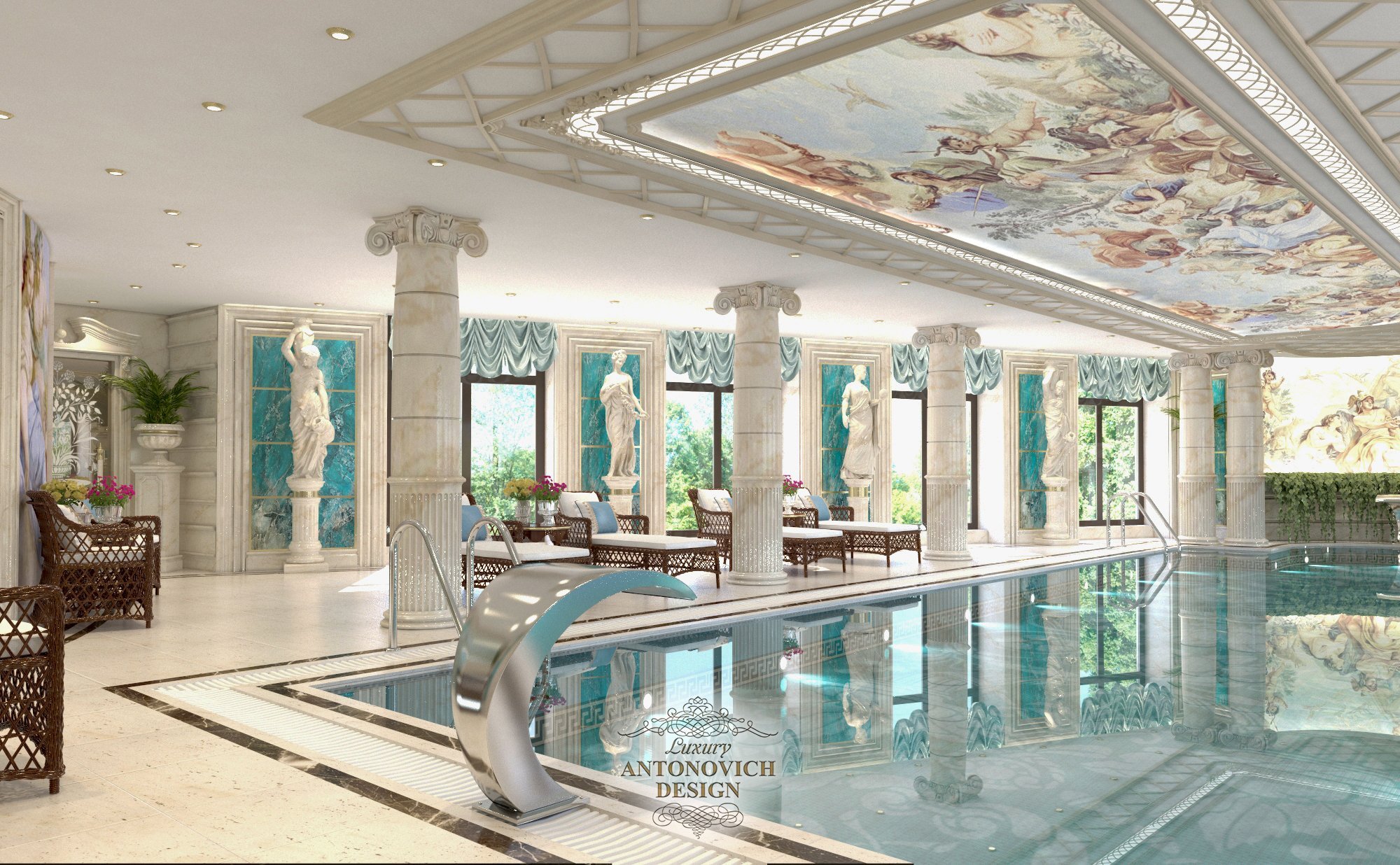 Дизайн роскошного бассейна в современном классическом стиле с настенными фресками в греческом стиле