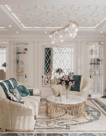 Роскошная мягкая мебель, оригинальные современные люстры и утонченный латунный декор в интерьере гостиной в проекте квартиры в стиле новой классики