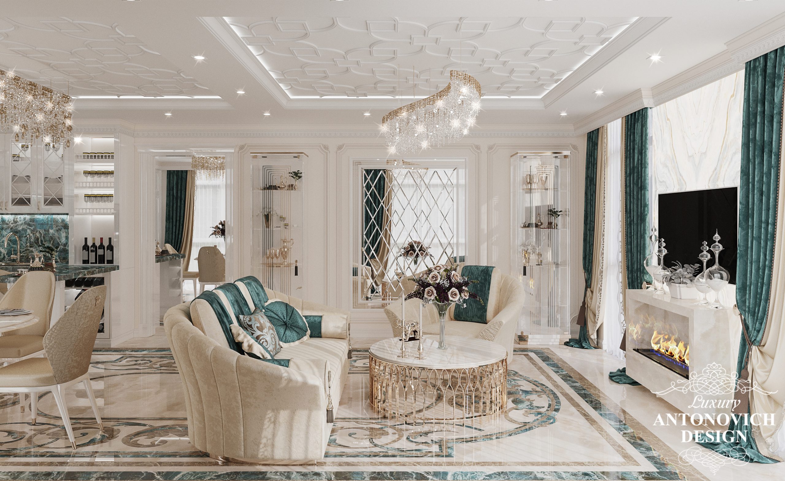 Розкішна м'які меблі, оригінальні сучасні люстри і витончений латунний декор в інтер'єрі вітальні в проекті квартири в стилі нової класики