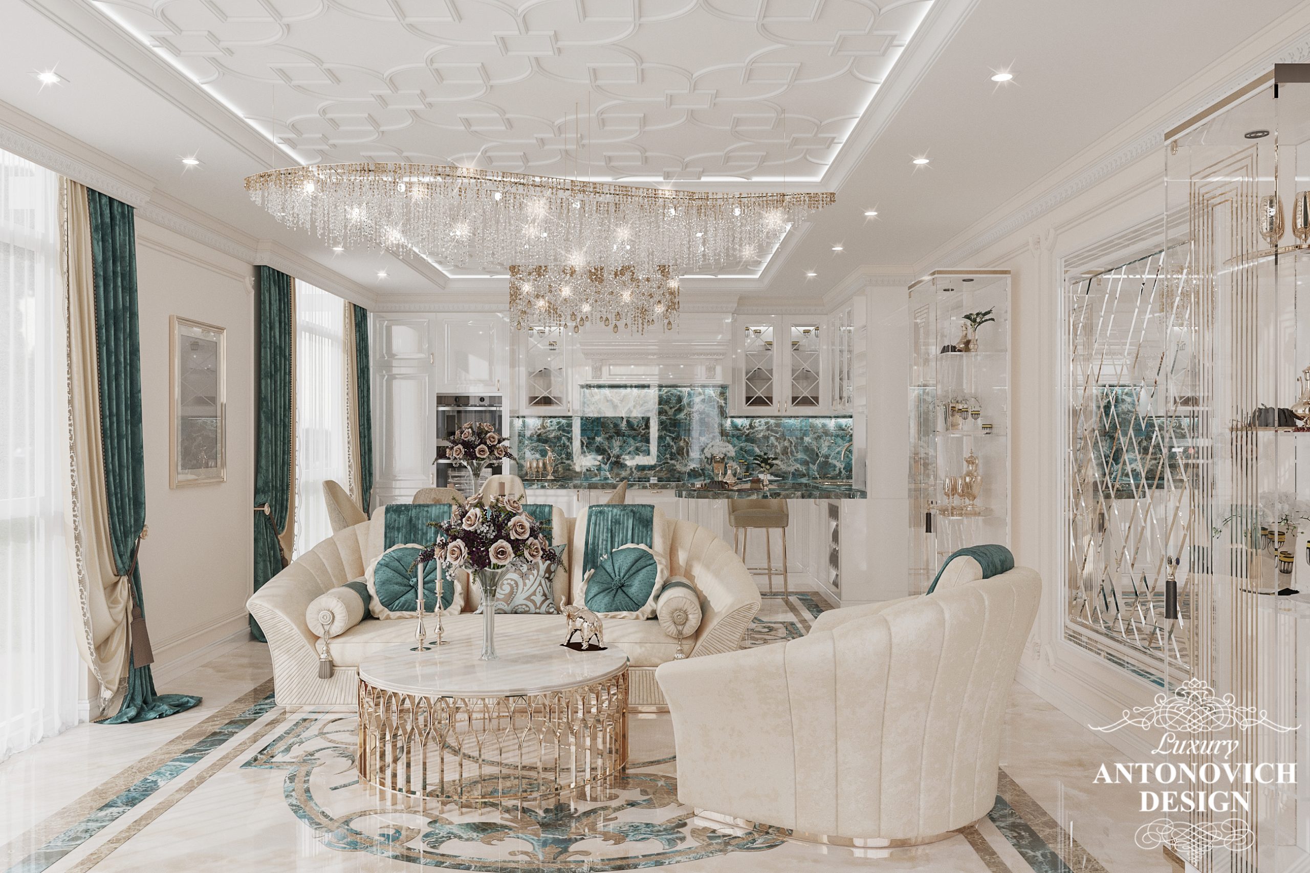 Изумрудные акценты и роскошный текстиль в интерьере гостиной в стиле неоклассика