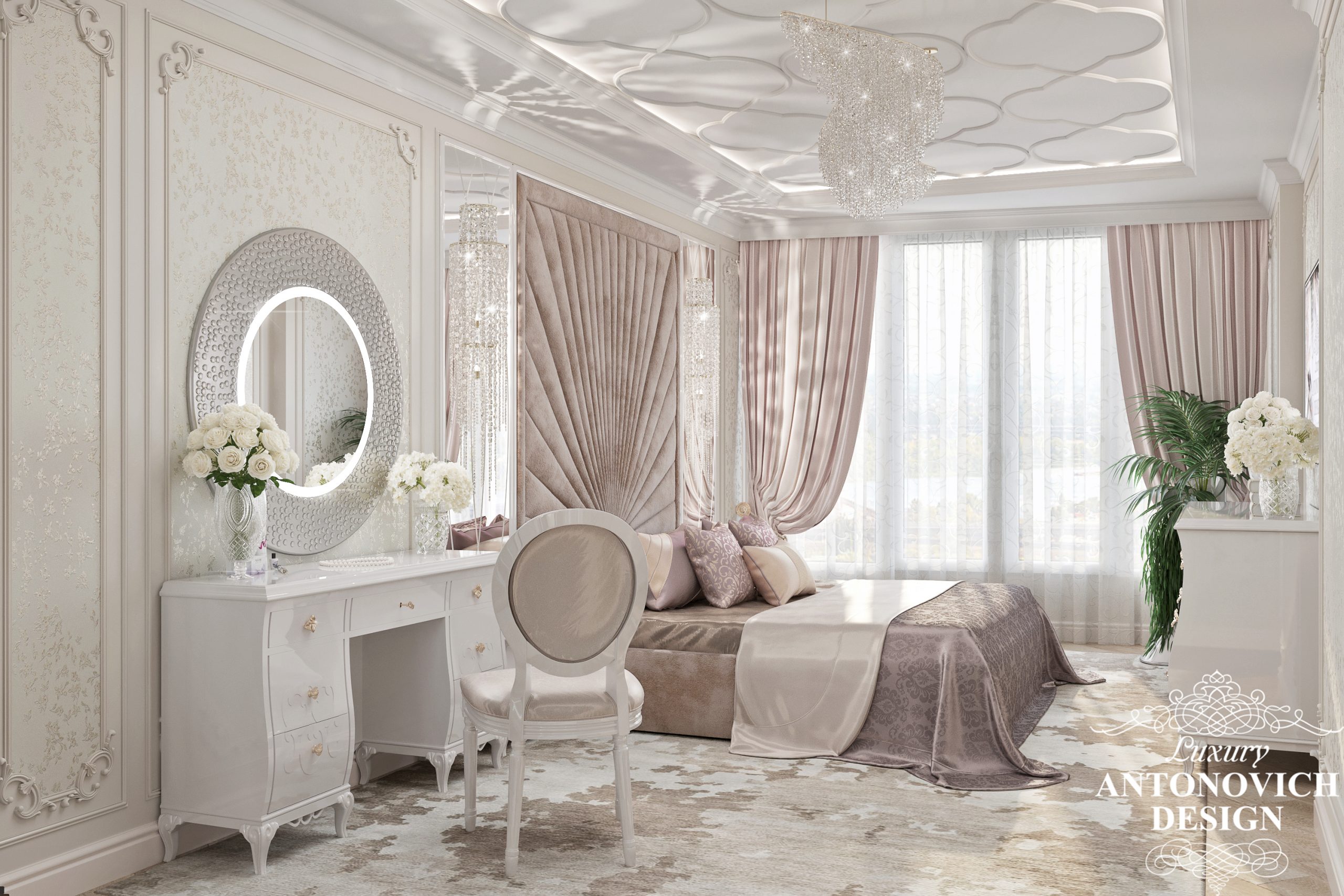 Нежная и утонченная спальня для девушки в пепельно-розовых тонах в неоклассическом стиле