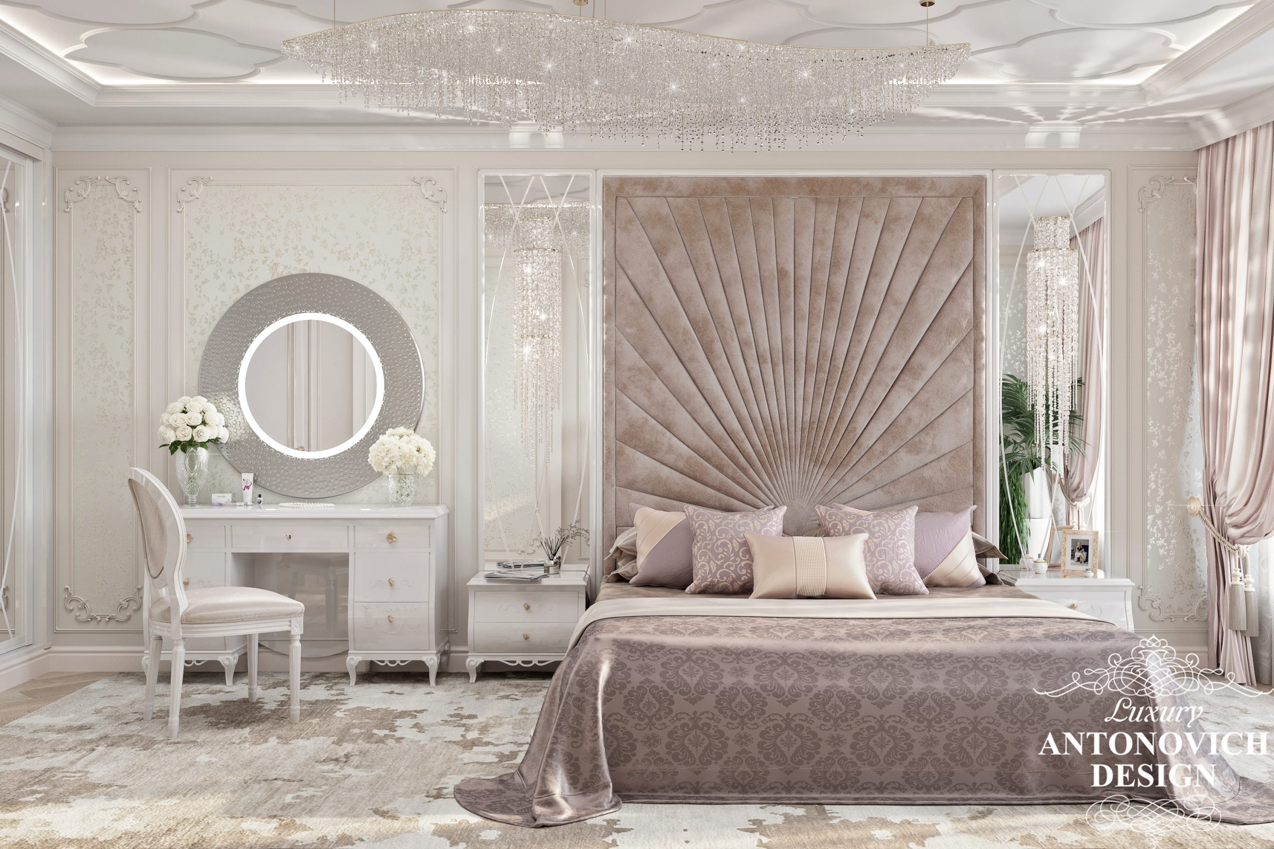 Роскошное мягкое панно и зона будуара с яркой подсветкой в дизайне женской спальни в изящном неоклассическом стиле