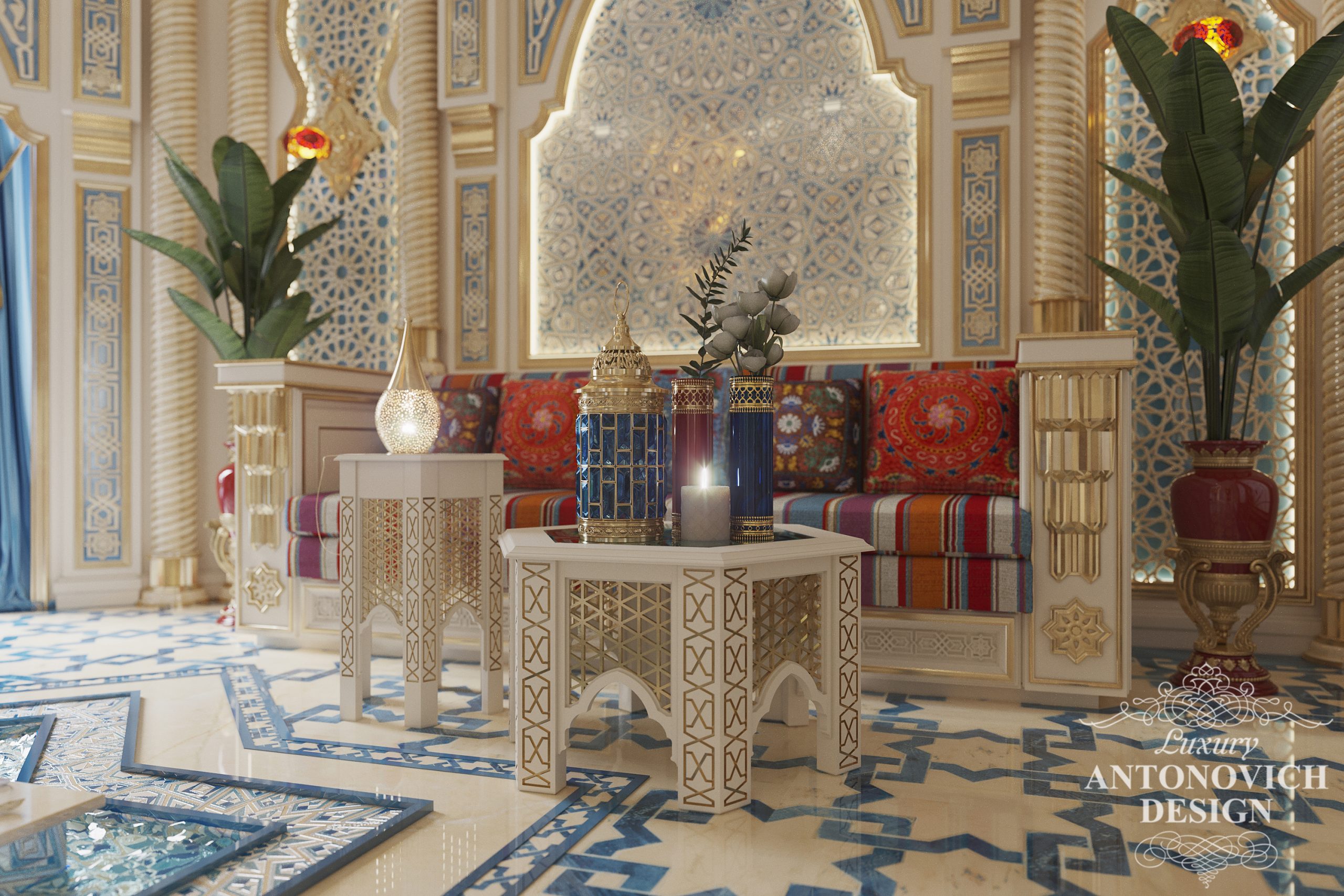 Розкішні м'які дивани, комфортні подушки ручної роботи і фантастичні декоративні світильники в кімнаті відпочинку в східному арабському стилі