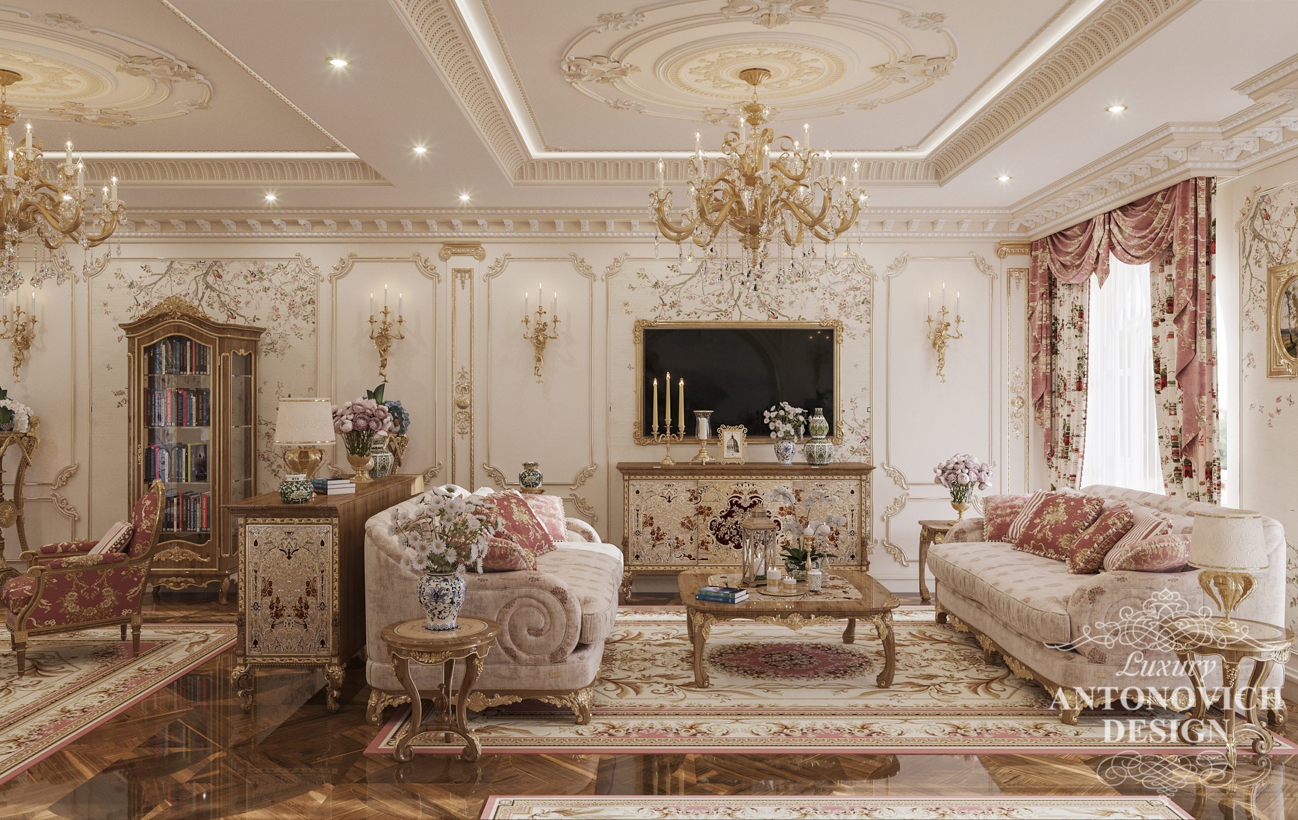 Тв-зона з комфортними диванами в дизайні класичної вітальні в інтер'єрі приватної резиденції в Йорданії
